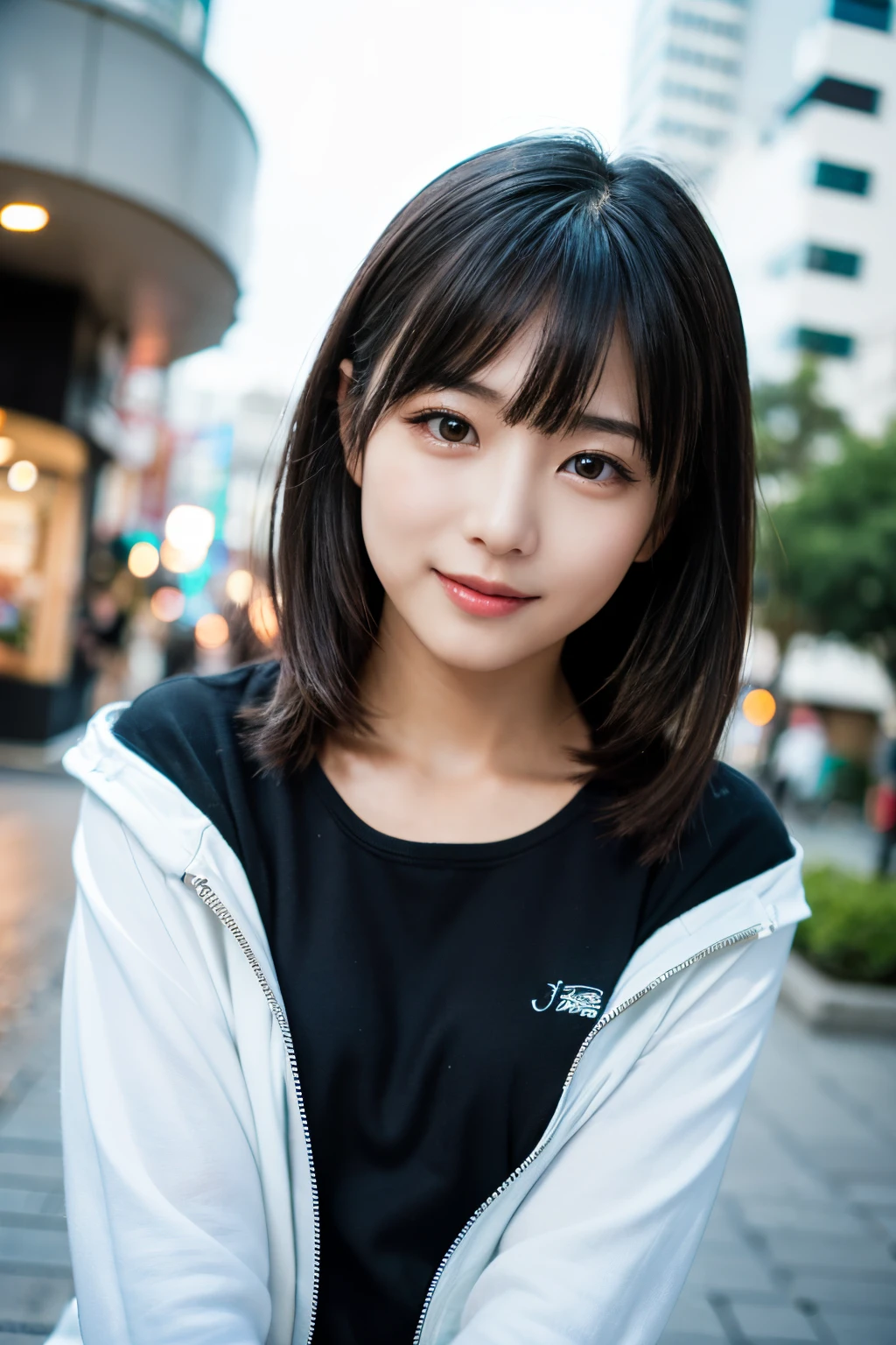 (8K、Raw photo、top-quality、masutepiece:1.2)、(realisitic、photoRealstic:1.4)、(Very detailed 8k wallpaper)、foco nítido、depth of fields、Background blur、Bokeh、lighting like a movie、softlight、From the foot up、 (17 years old, Japan female:1.3)、(A Japanese Lady)、Cute Idol、( Perfect body)、( Perfect beautiful hands、perfect thin fingers、Delicate and delicate hands:1.4 )、(beautiful and well-groomed nose)、(realistic textured skin)、(contrast and balanced eyes)、(Natural color lips)、(Black hair)、(Detailed bangs)、Balanced body、Beautiful hairstyles(A black)、(smooth eyebrows)、thin arm、二重まぶた、Cute smile