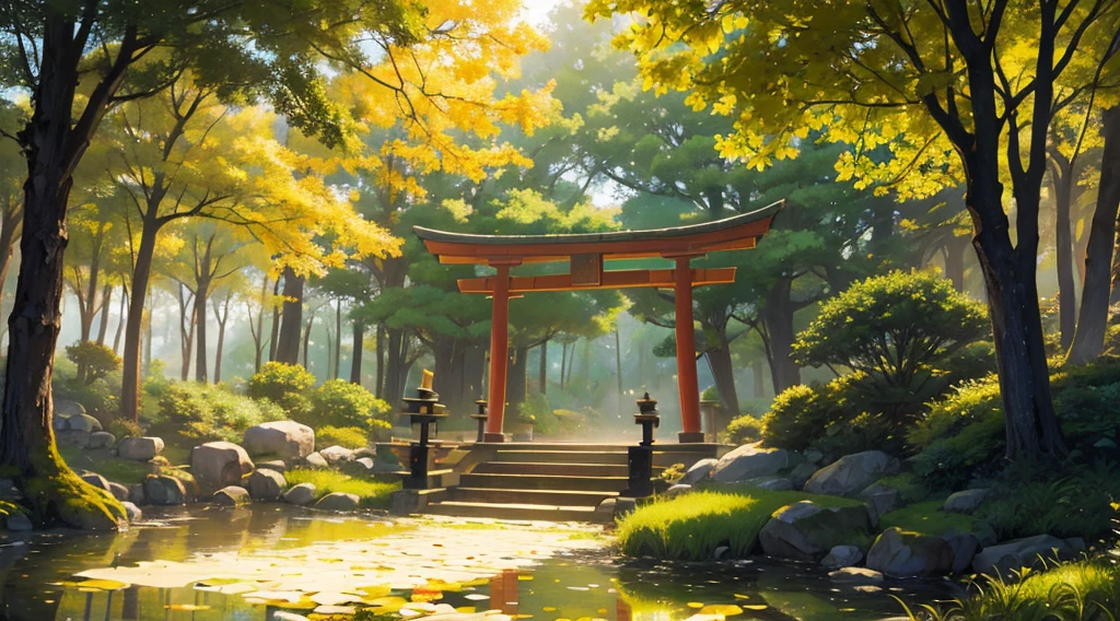 mystical forest, golden mist, beautiful pond, a torii gate