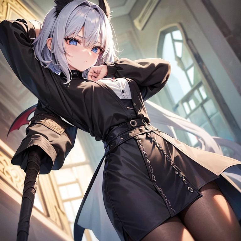 Beautiful cute girl,Lolita long dress,blacksilk,Black over-the-knee stockings,Double ponytail hairstyle,White color hair,Seductive expression,Seductive eyes,Masterpiece,Lots of detail,super high image quality,full-body portraits
