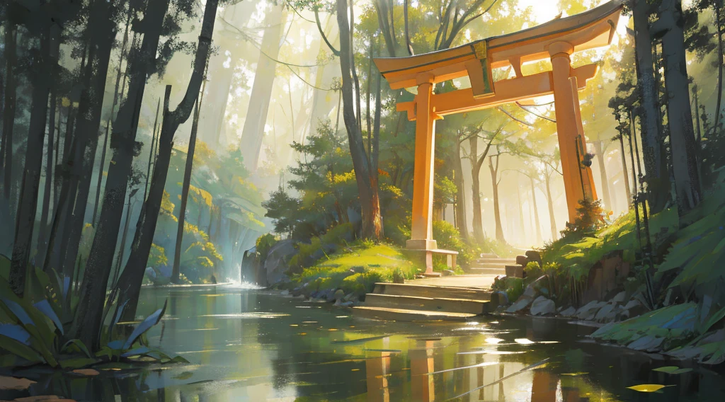 mystical forest, golden mist, beautiful pond, a torii gate