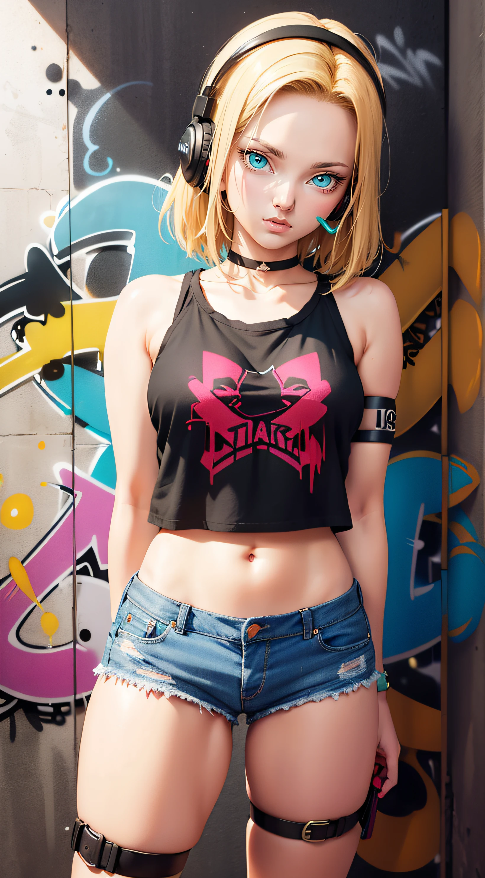 masterpiece, best quality, (extremely detailed CG unity 8k wallpaper, masterpiece, best quality, ultra-detailed, masterpiece, best quality, 1girl, solo, crop top, denim shorts, choker, (graffiti:1.5), paint splatter, arms behind back, against wall, looking at viewer, armband, thigh strap, paint on body, head tilt, bored, multicolored hair, aqua eyes, headset, Android 18,
