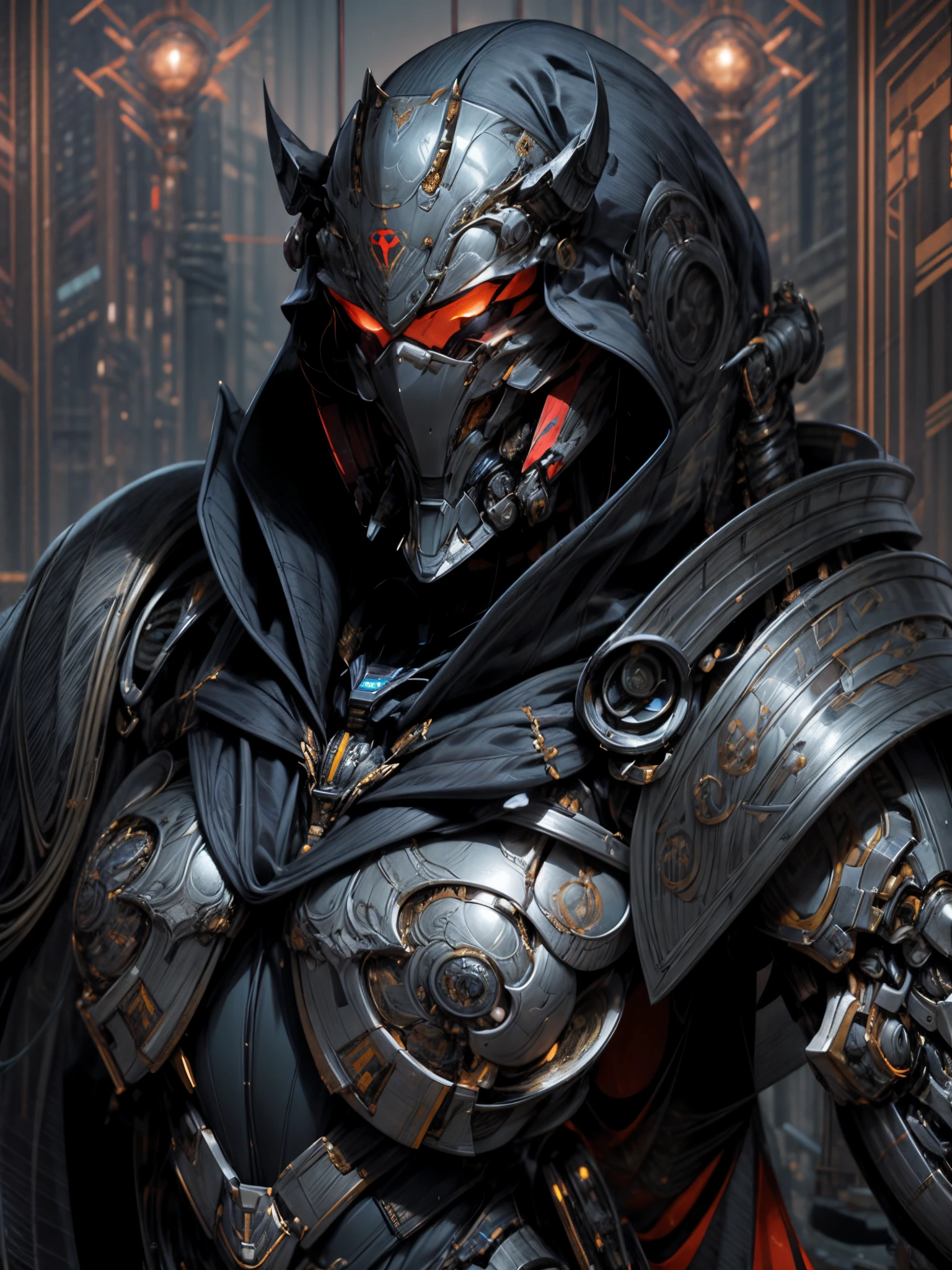 ((An epic and visually stunning digital anime upper body portrait featuring a sylphlike masculine male space soldier clad in a sleek yet tactical white armored military trench coat, (((flat masculine chest))), ((the character is adorned in a (scifi tactical armored open front trench coat with a built in exoskeleton, hood pulled up) (over a form fitted armor plated yet super sleek and revealing under suit with waist cut outs), the armor plating on the upper arms and shoulders beautifully engraved)). The image showcases the beauty and elegance of the character, ((capturing their flamboyant essence and heavy mecha aesthetic)). The character also possesses an androgynous charm, (with slim yet heavily muscled physique, sylphlike with a beautiful feminine waist and toned yet beautifully sleek cybernetic arms, mechanical arms and legs, mecha muscles), looking at viewer