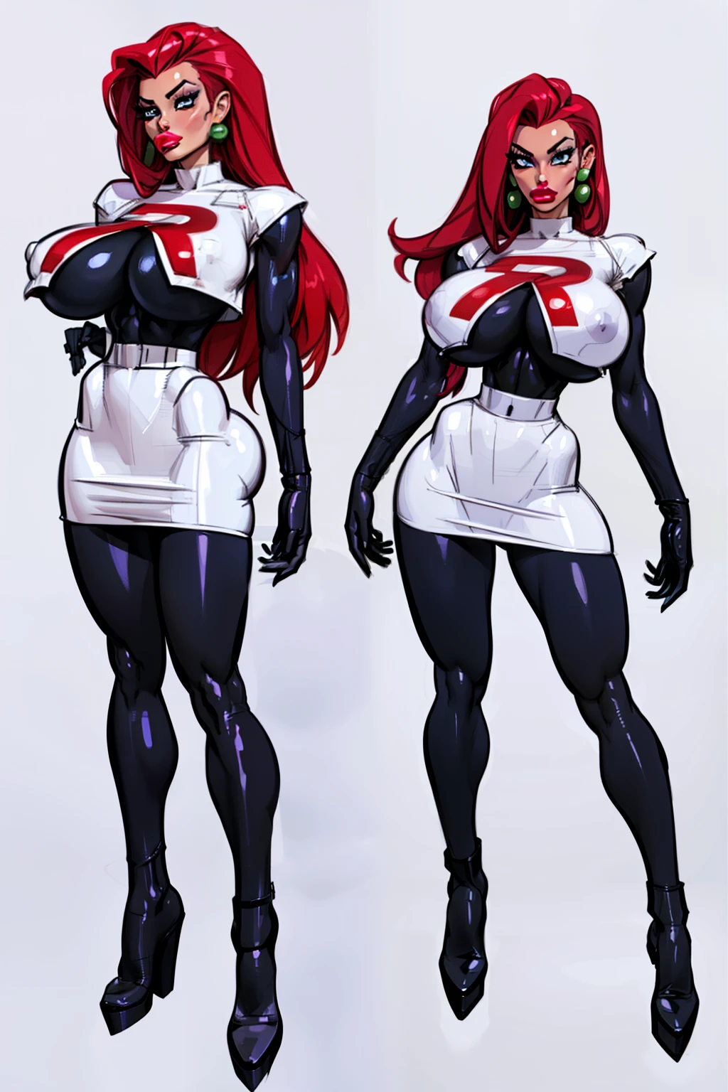 ((masterpiece)),(((best quality))),((character design sheet)), Pokémon character Jessie, (team rocket uniform) ((Jessie)), ((side body view)) mature face, (red violet hair),((perfect eyes:1.4)), (thigh high black boots:1.1), (slicked back hair), defined cheekbones,((long hair:1.2)), high cheekbones, illustration, muscular, sexy bimbo, (gigantic breasts:1.3) red hair, ((detailed face:1.4)) beautiful woman, (black gloves :1.2), (white skin:1.4) , (red lipstick:1.4), shiny skin, scribbles and marks,(puffy lips:1.4) , (giant red R on shirt), rough sketches, pose, 8k,16k, (simple background, white background: 1.3) ((cool color palette)), ((white crop top, white skirt))
