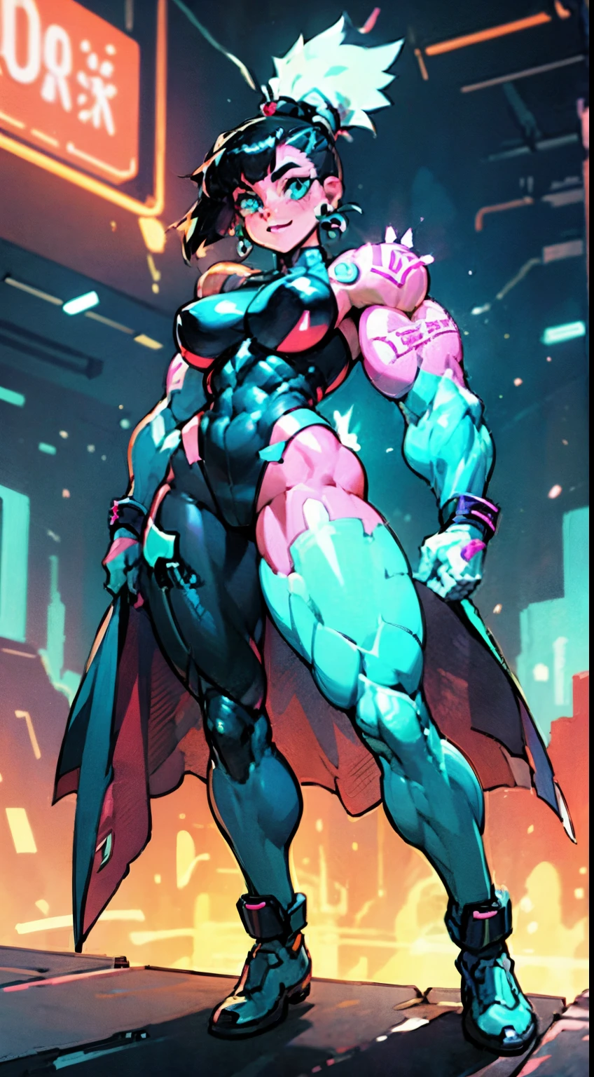 1girl, white mohawk, happy, muscular woman, full body, black hair, neon bodysuit