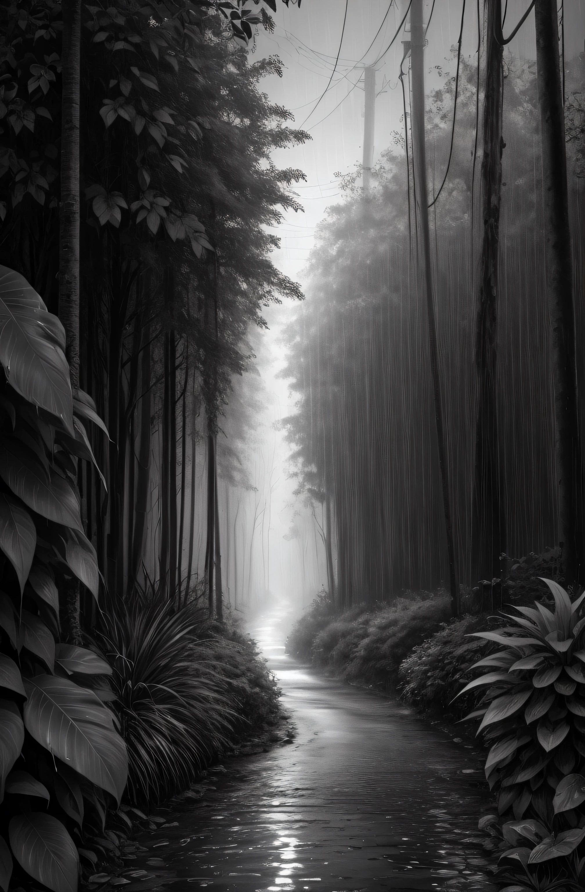 Jungle, with intense rains, monochrome, vines around, giant and wet trees, masterpiece, best quality, high quality, extremely detailed CG unity wallpaper 8k, oil painting, award-winning photography, bokeh, depth of field, HDR, flowering, chromatic aberration, photorealistic, very detailed, popular on artstation, popular in CGsociety, complex, high detail, dramatic, art in the middle of the road, volumetric lighting