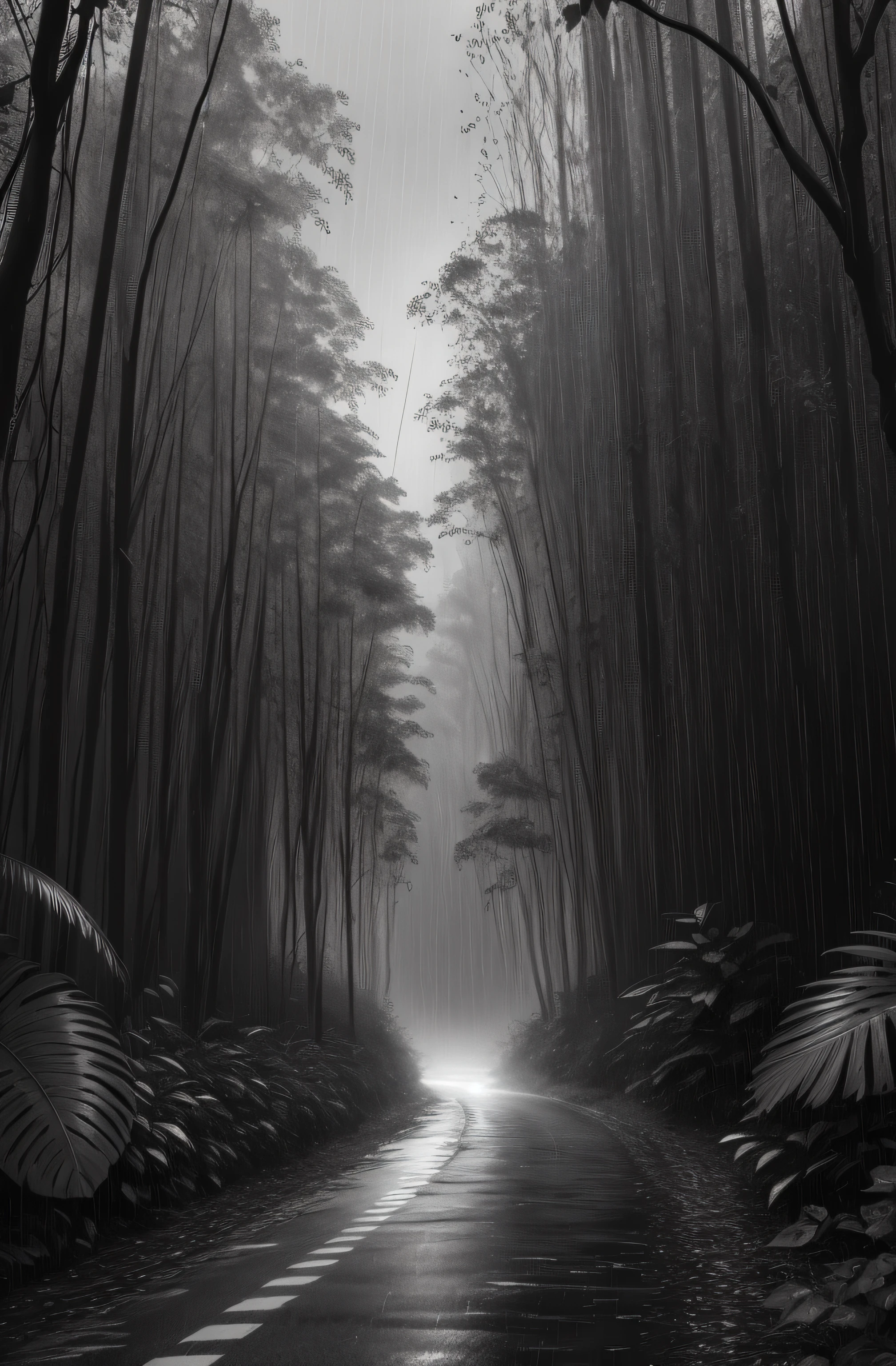 Jungle, with intense rains, monochrome, vines around, giant and wet trees, masterpiece, best quality, high quality, extremely detailed CG unity wallpaper 8k, oil painting, award-winning photography, bokeh, depth of field, HDR, flowering, chromatic aberration, photorealistic, very detailed, popular on artstation, popular in CGsociety, complex, high detail, dramatic, art in the middle of the road, volumetric lighting