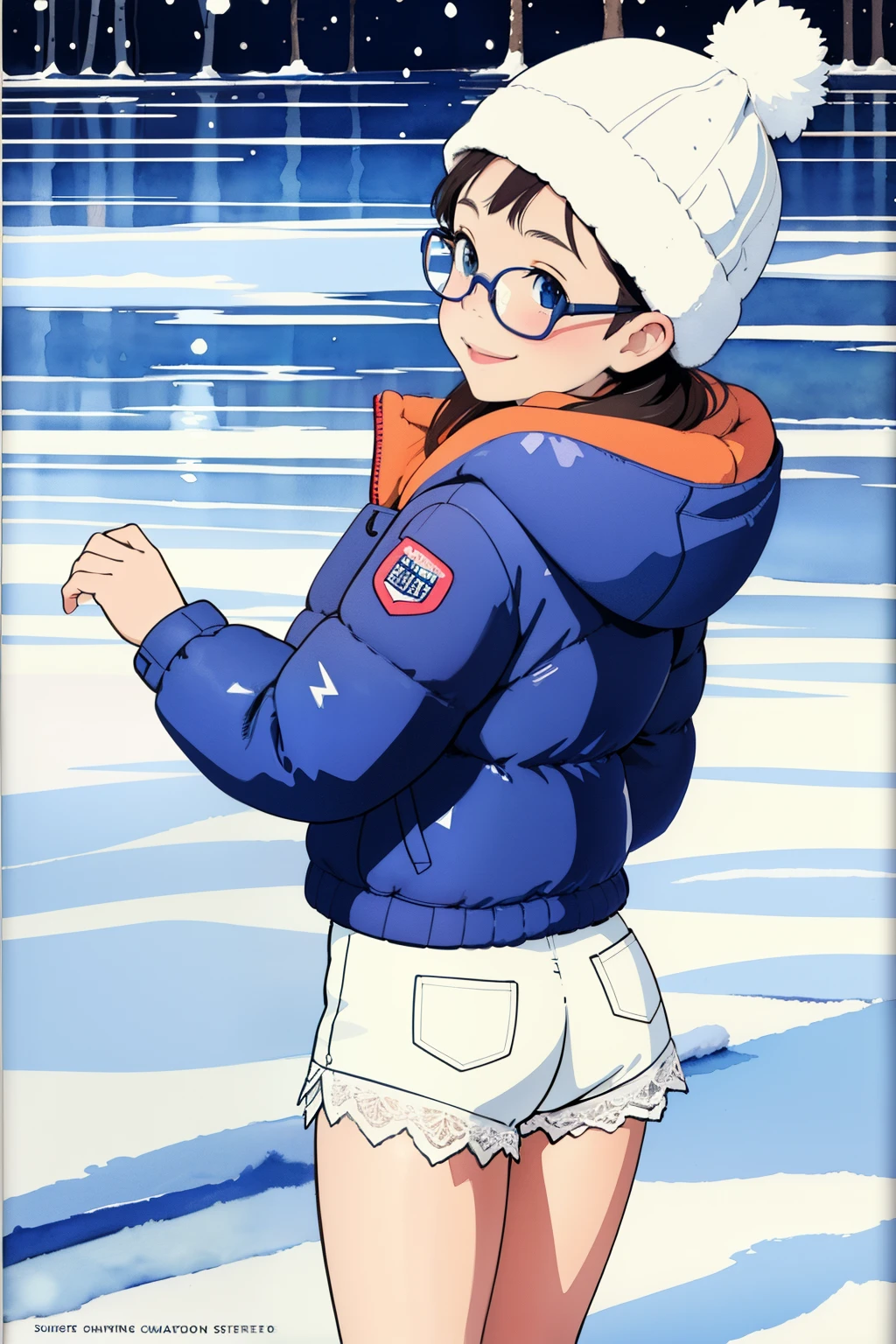 (superflat, flat shading, flat colors), 1girl, 10yo, loli, child, curvy, down jacket, (white lace modesty shorts:1.2), no skirt, bottom, from behind, glasses, winter hat, ice skating, smile, blush, winter, snow, bright, low angle, vibrant colors, watercolor, ghibli style
