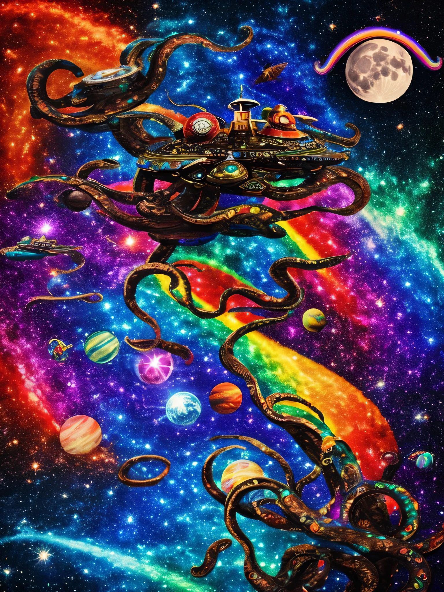 A psychedelic collage of a kraken wearing a cowboy hat, riding a rocket through outer space, with a rainbow galaxy in the background and a disco ball shining from the moon.