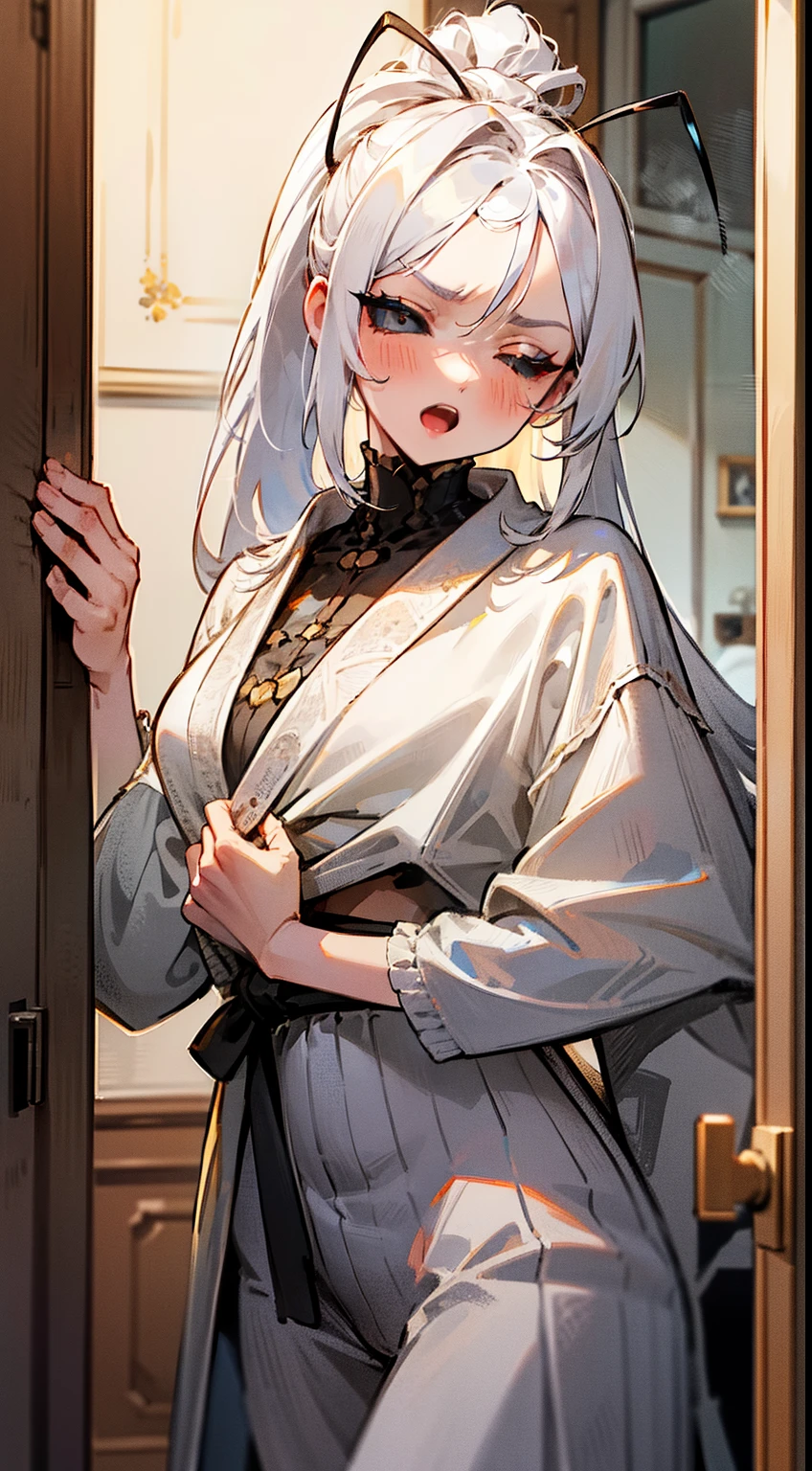 (Original Character,8k, Masterpiece, Best Quality,Detailed, Beautiful Detailed Eyes, solo,masterpiece,hd,4k),mature female, fine skin,blush,black eyes,black sclera,white hair,long hair,ponytail hair,(((hair 2antennas large))),cowboy shot,white sleep outfit,((standing inside in house in front a door)),angry face,one eye closed,open mouth