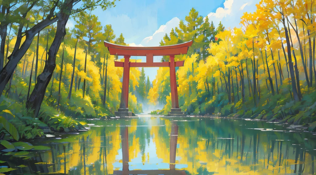 fantastic forest, golden mist, beautiful pond, a torii gate