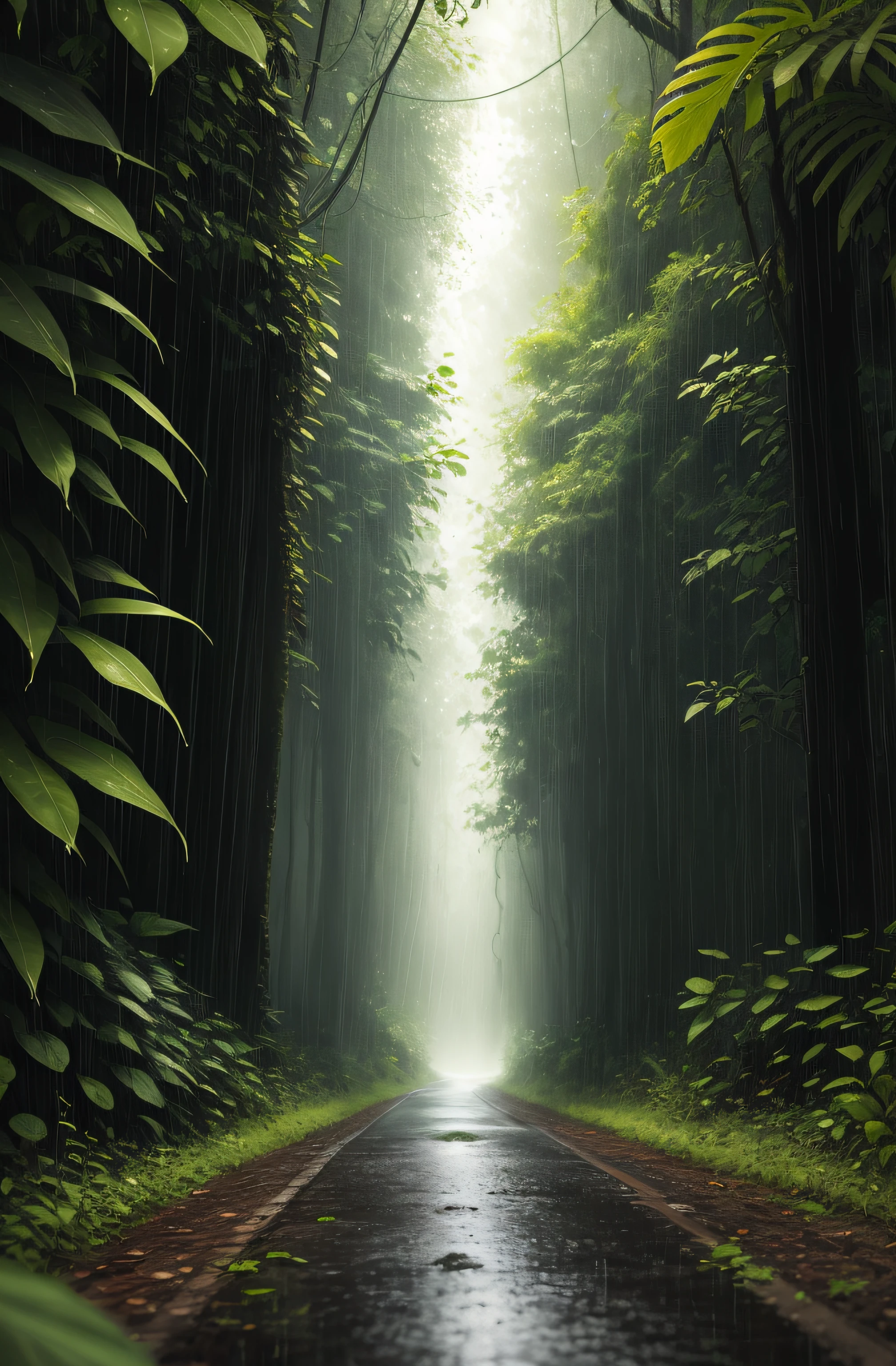Jungle, with intense rains, monochrome, vines around, giant and wet trees, masterpiece, best quality, high quality, extremely detailed CG unity wallpaper 8k, oil painting, award-winning photography, bokeh, depth of field, HDR, flowering, chromatic aberration, photorealistic, very detailed, popular on artstation, popular in CGsociety, complex, high detail, dramatic, art in the middle of the road, volumetric lighting