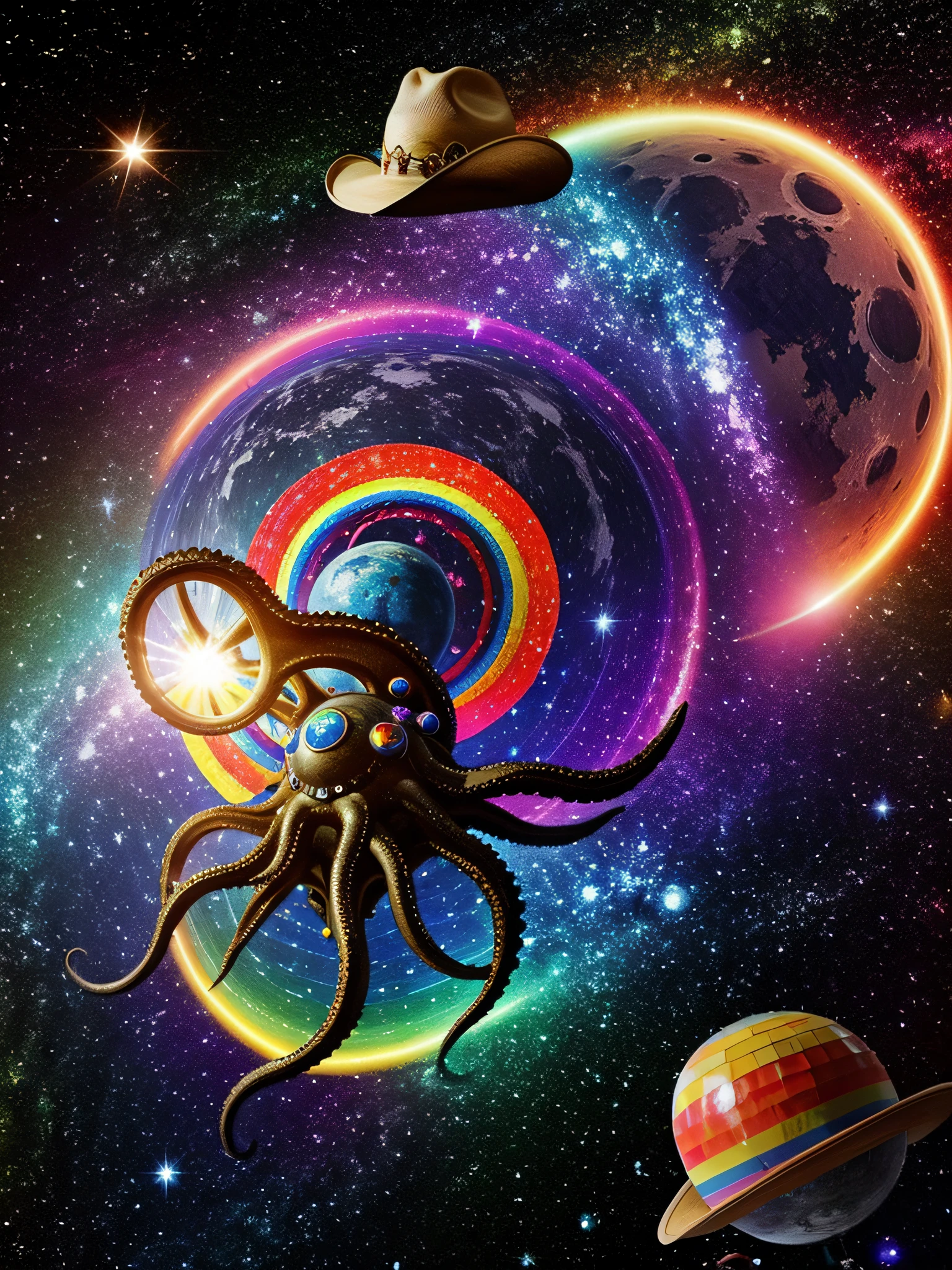 A psychedelic collage of a kraken wearing a cowboy hat, riding a rocket through outer space, with a rainbow galaxy in the background and a disco ball shining from the moon.