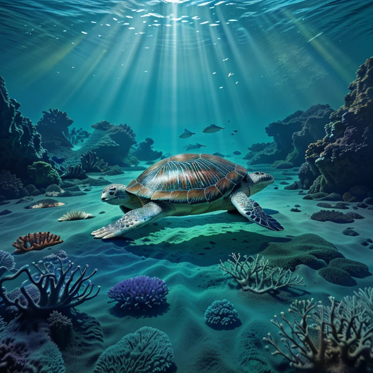 il y a une tortue qui nage dans l&#39;ocean with the coraux et d&#39;autres poissons, grande tortue Leviathan, Tortue porteuse du monde, Deep Underwater Scene, Tortues de mer, tortue, tortue fantasy 3d isométrique, profondeur incroyable, Paysage sous-marin, Underwater landscape, rayons lumineux sous-marins, Paysages sous-marins, Paysage sous-marin, Underwater scene, Illustration HD, Profondeur incroyable