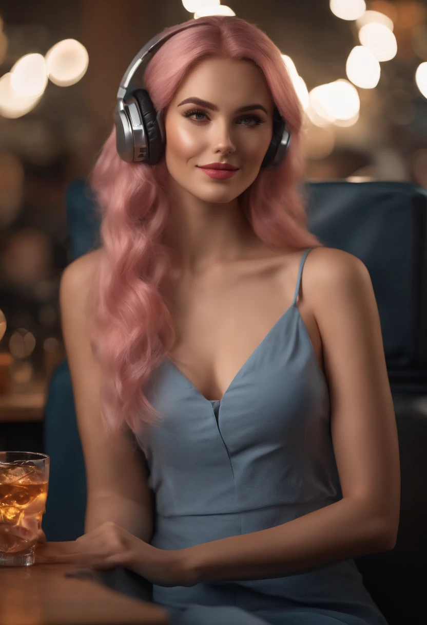 professional full body photo, (4k photo:1.1) by (Jeremy Lipking:0.3), (Dittmann Anna:0.3), (Arian Mark:0.3), (Sharp focus:1.3), high detail, elegant Gamer woman, sitting with gaming headset, restaurant, light pink hair, instagram model pose, confident, fit girl, lean girl, small breasts:1.2, perfect anatomy, perfect symmetry:1.2, realistic, realistic face:1.2, perfect face, happy, confident, highly detailed, and dramatic, cinematic lighting, bright scene, soft lights, holding a drink and a phone in her hand