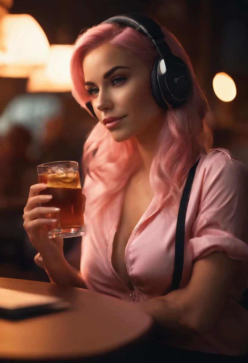 professional full body photo, (4k photo:1.1) by (Jeremy Lipking:0.3), (Dittmann Anna:0.3), (Arian Mark:0.3), (Sharp focus:1.3), high detail, elegant Gamer woman, sitting with gaming headset playing intense with computer, sun light, restaurant, light pink hair, instagram model pose, confident, fit girl, lean girl, small breasts:1.2, perfect anatomy, perfect symmetry:1.2, realistic, realistic face:1.2, perfect face, happy, confident, highly detailed, and dramatic, cinematic lighting, bright scene, soft lights, holding a drink and a phone in her hand