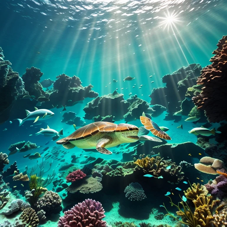 il y a une tortue qui nage dans l'ocean with the coraux et d'autres poissons, grande tortue Leviathan, Tortue porteuse du monde, Deep Underwater Scene, Tortues de mer, tortue, tortue fantasy 3d isométrique, profondeur incroyable, Paysage sous-marin, Underwater landscape, rayons lumineux sous-marins, Paysages sous-marins, Paysage sous-marin, Underwater scene, Illustration HD, Profondeur incroyable