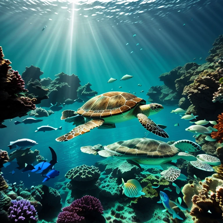 il y a une tortue qui nage dans l&#39;ocean with the coraux et d&#39;autres poissons, grande tortue Leviathan, Tortue porteuse du monde, Deep Underwater Scene, Tortues de mer, tortue, tortue fantasy 3d isométrique, profondeur incroyable, Paysage sous-marin, Underwater landscape, rayons lumineux sous-marins, Paysages sous-marins, Paysage sous-marin, Underwater scene, Illustration HD, Profondeur incroyable