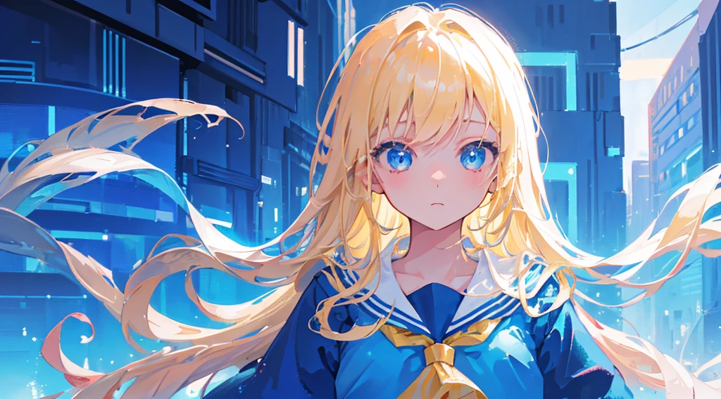 (face, 1girl, blonde hair, long hair, blue eyes, sailor suit, cute, kawaii), (blue cyberpunk landscape, glowing blue color)