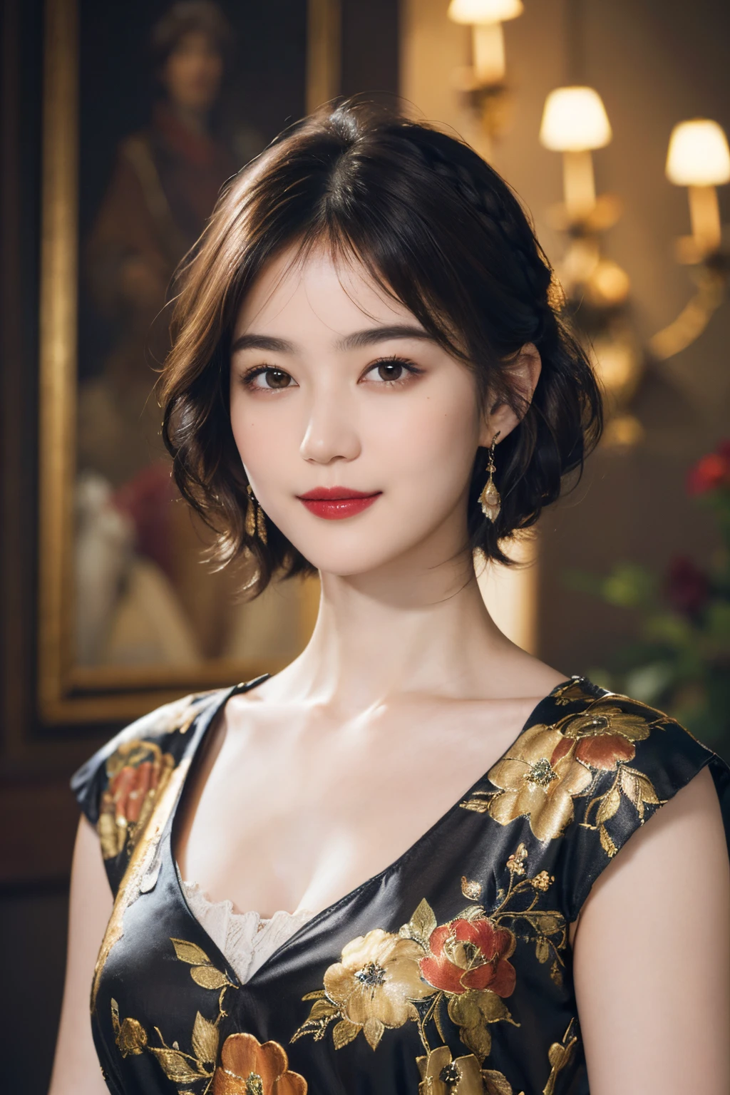 117
(a 20 yo woman,is standing), (A hyper-realistic), (high-level image quality), ((beautiful hairstyle 46)), ((short-hair)), (Gentle smile), (breasted:1.1), (lipsticks), (florals), (Light and Darkness), (rembrandt painting), (Luxurious room)