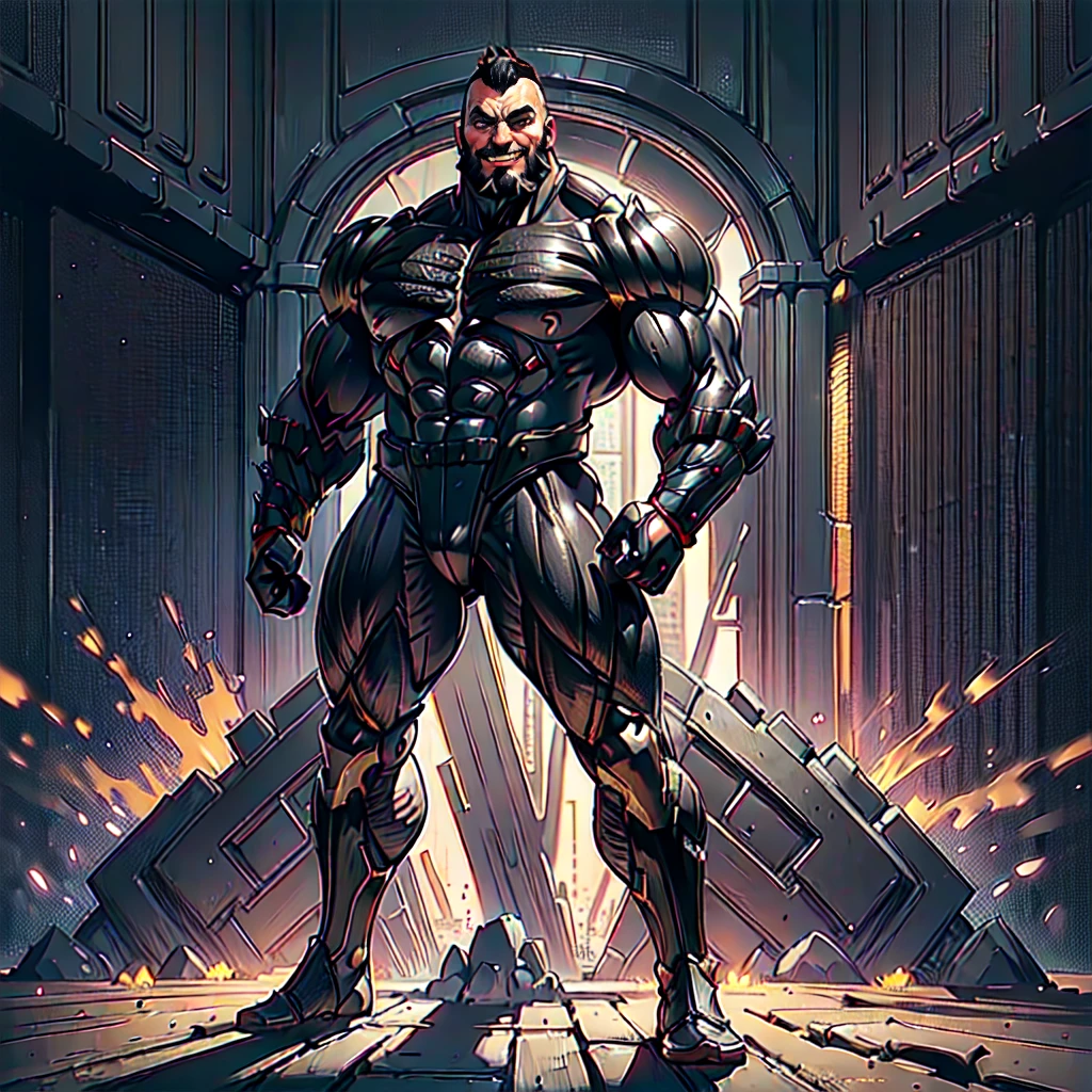 (Zangief), standing pose, ((full body)), ((Black matte armor, )), (masterpiece, best quality), dslr,, ( Undercut), (Extended Goatee), High resolution, Ultra-pointu, 16k, Masterpiece, smile, wide shot,