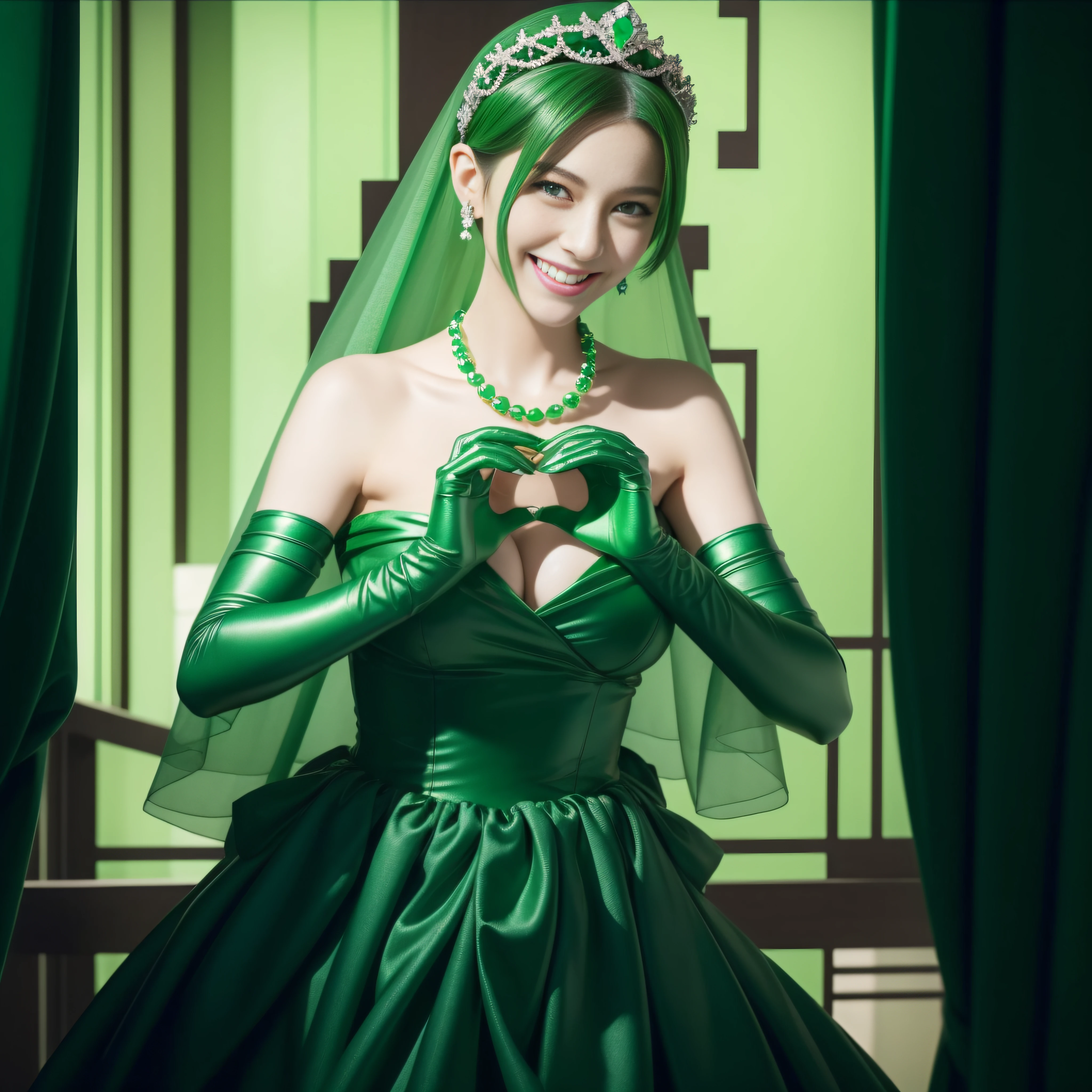 emerald tiara, Green Pearl Necklace, Boyish very short green hair, lipsticks, Japan woman smiling, very short short hair, big breasts beautiful, Green eyes, Long green gloves made of satin material, Green eyes, Emerald Earrings, green vale, Heart with both hands