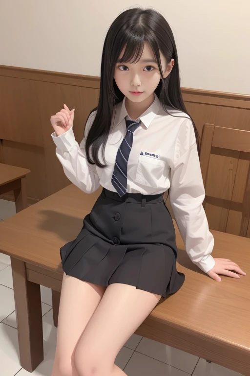 A shy 16-year-old high school girl with long black hair wearing a school uniform.