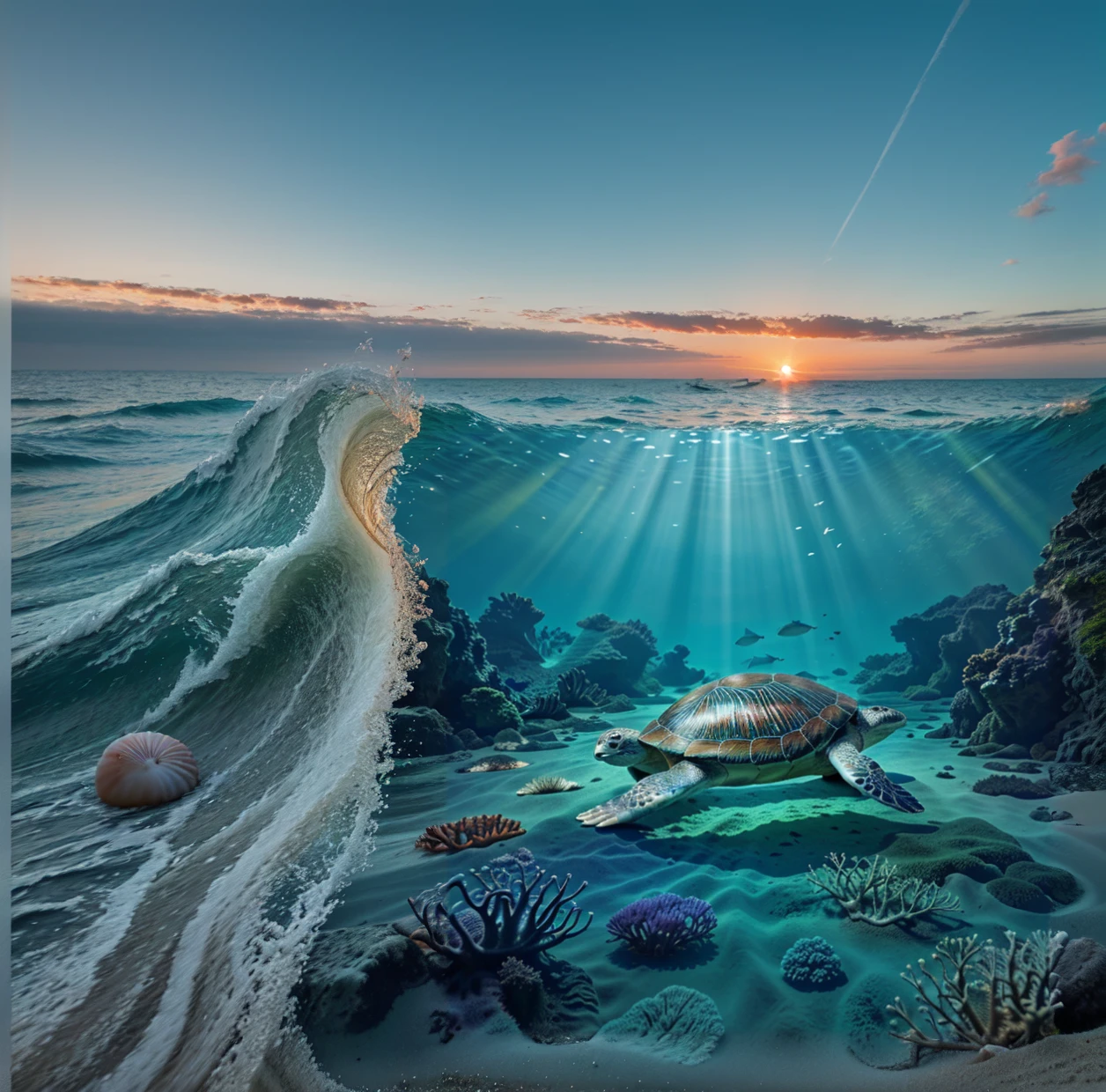 prolonged ocean, realistic waves, vibrant sunrise colors, detailed seashells, sandy beach, tranquil atmosphere, high tide, sparkling water, gentle breeze, breathtaking view, professional photography, soft natural lighting