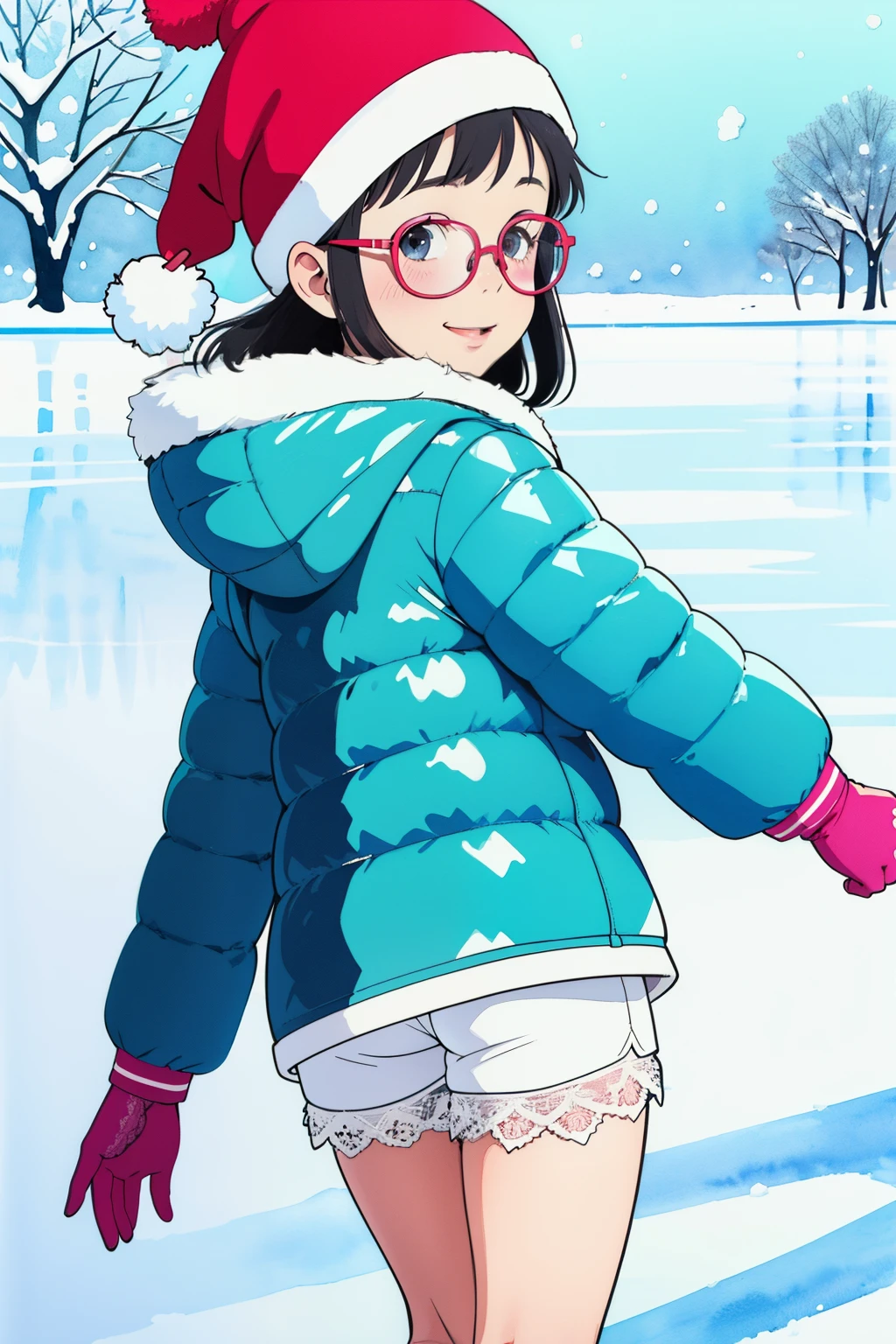 (superflat, flat shading, flat colors), 1girl, 10yo, loli, child, curvy, down jacket, (white lace modesty shorts:1.2), no skirt, bottom, from behind, glasses, winter hat, ice skating, smile, blush, winter, snow, bright, low angle, vibrant colors, watercolor, ghibli style