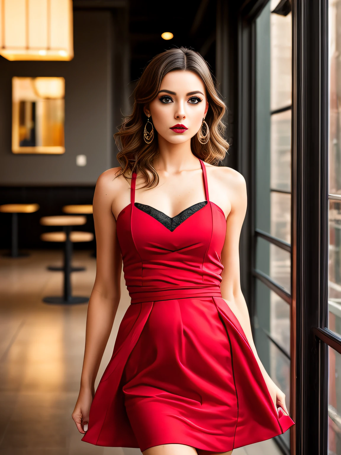 a portrait of a blonde, (makeup:1.4), amazing body, (fit body:1.2), red dress outfit, highly detailed hair, natural skin texture, 4k textures, detailed belly, highly detailed perfect smooth skin, lightroom, intricate, ultra-realistic, outside, (hdr:1.3), uhd, (intricate details, hyperdetailed:1.1), cinematic, photo-real, (dark shot:1.2), dramatic, high contrast, (warm colors:1.1), muted colors, masterpiece, elegant, sharp focus, upscale resturant
