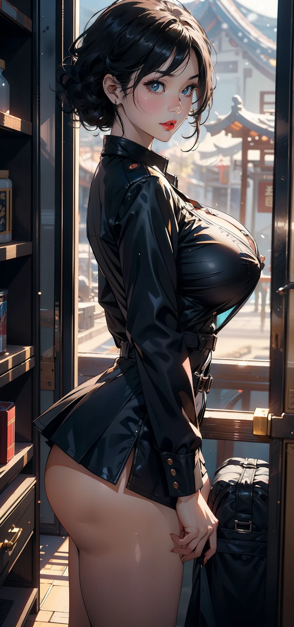 1female，35yo，plum，very big boobs， 独奏，（Background with：A desert，aerodrome，Planes） She has very short black hair，bobo head，Stand on the plane，，seen from the front， curlies， The sky is mostly cloudy，（（（tmasterpiece），（Very detailed CG unified 8k wallpaper），Best quality，电影灯光，detailed back ground，美丽细致的眼睛，Bright pupils，黑The eye，Snow-white skin，Redlip（Very delicate and beautiful），（Beautiful and detailed eyes description），ultra - detailed，tmasterpiece，）），facing at the camera，A high resolution，ultra - detailed），Expose breasts exposed，Bare genitals，  convex，legs are open，Raised sexy，Camel toes，Flushed face，longing unsatisfied，street frontage，Chinese Air Force，Aviator，military officer（dressed in：black suit jacket，White transparent shirt，tics，black short skirt，black pantyhoses，Naked of breast）