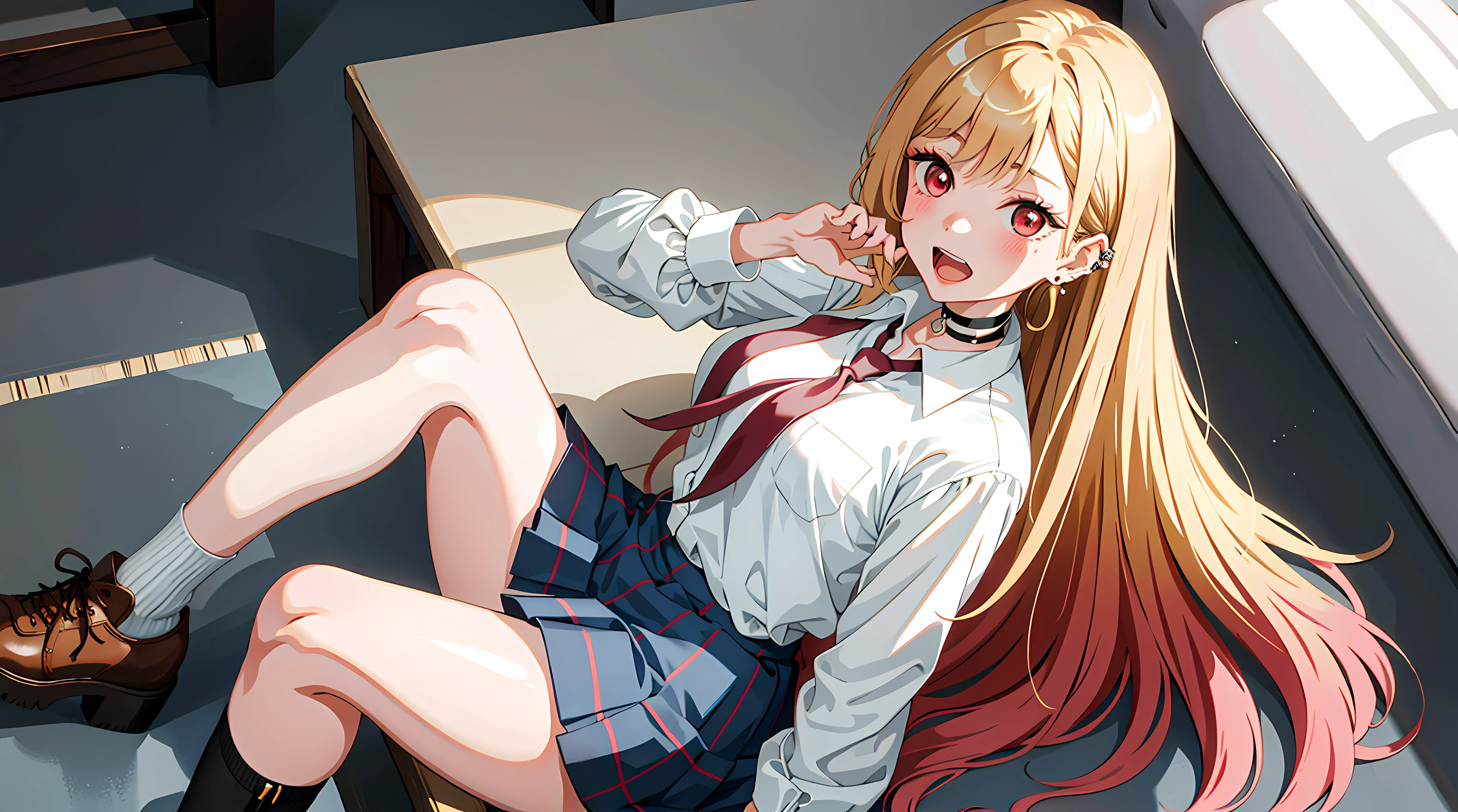 masterpiece, best quality, highres, kitagawa marin, 1girl, 1boy, sex, penis, blonde hair, long hair, multicolored hair, red eyes, jewelry, earrings, piercing, school uniform, white shirt, tied shirt, black choker, blue necktie, plaid skirt, blush, ahegao, sweat, sex, pov, pov cowgirl, vagina