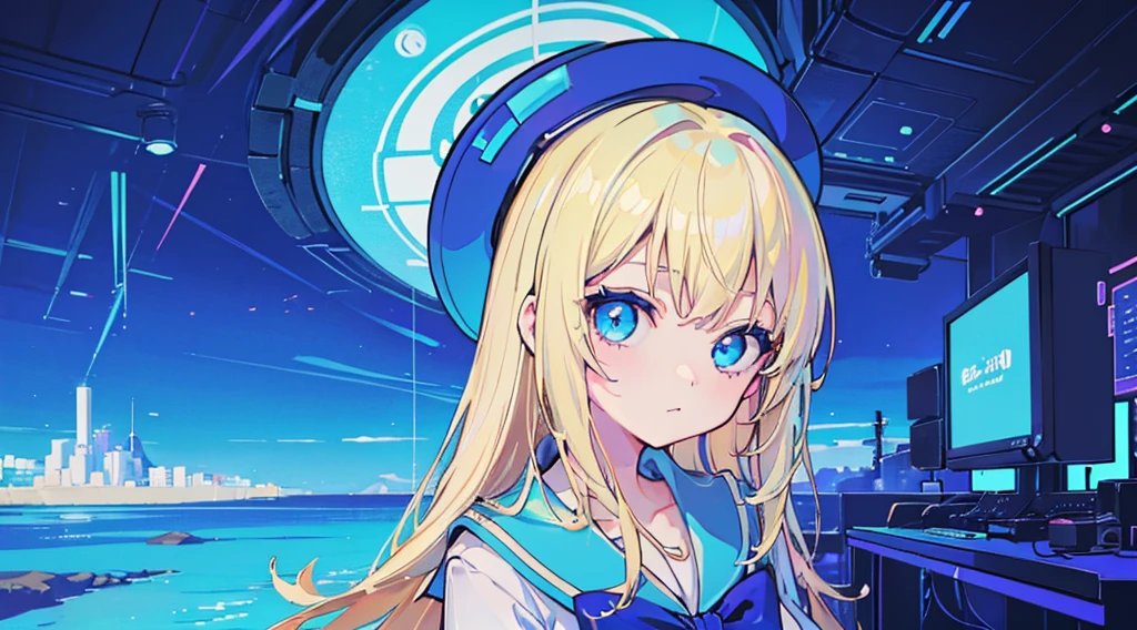 (face, 1girl, blonde hair, long hair, blue eyes, sailor suit, cute, kawaii), (blue cyberpunk landscape, glowing blue color)