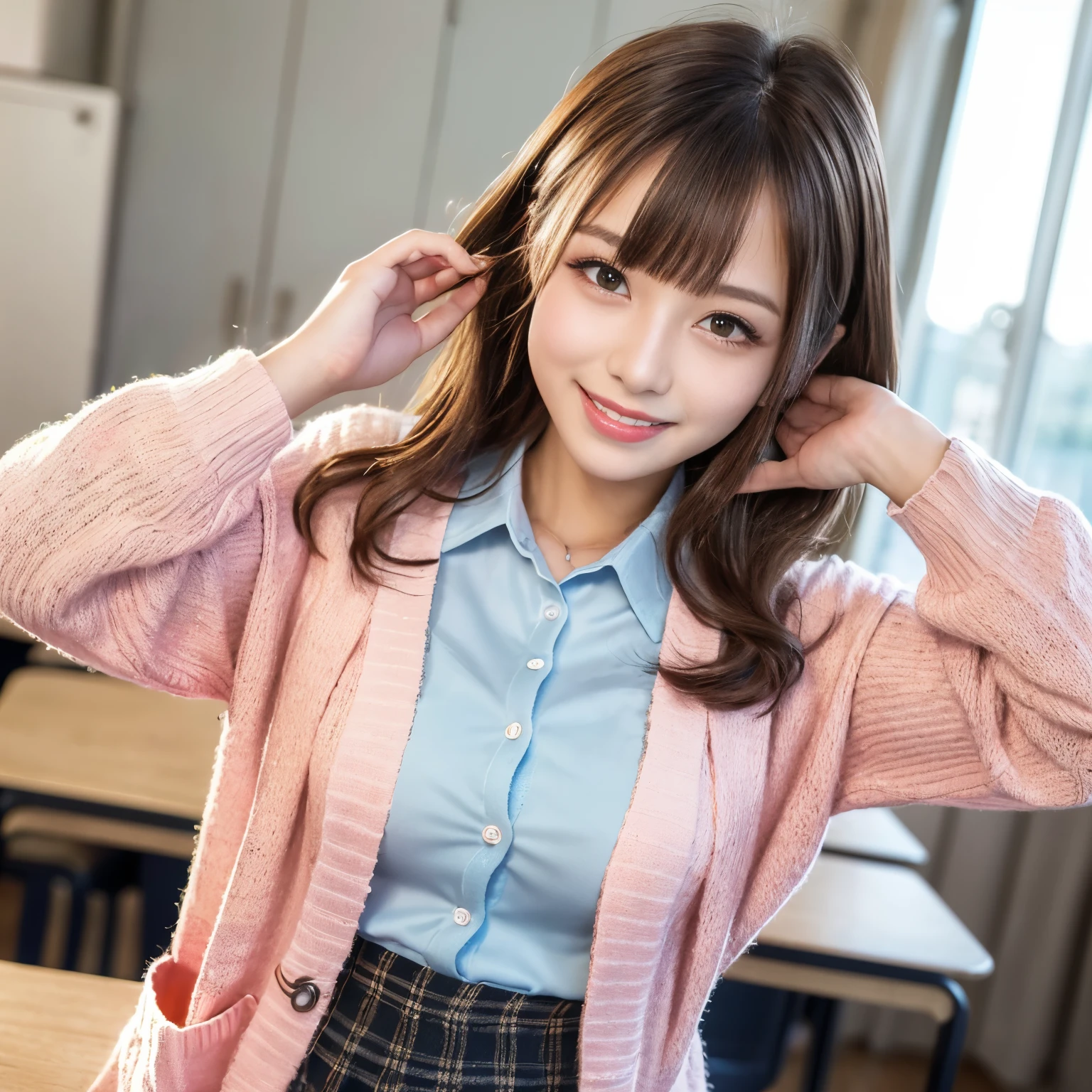(((anime))), ((animeーション化された)), (gal), medium hair, (braid hair:1.3), (dull bangs:1.2),two tone hair, blonde hair, (pink hair), round face, red eyes, (droopy eyes), (((we say))),pink lip,earrings,necklace,[black skin], light smile, ((((cute)))), beautiful, 1 girl, alone, (cardigan:1.4), [cleavage cutout],peace sign,beautiful background,(classroom:1.5),evening,sunlight,Backlight,masterpiece,highest quality,exquisite,8K,disorganized,super fine illustration,(looking at the viewer)