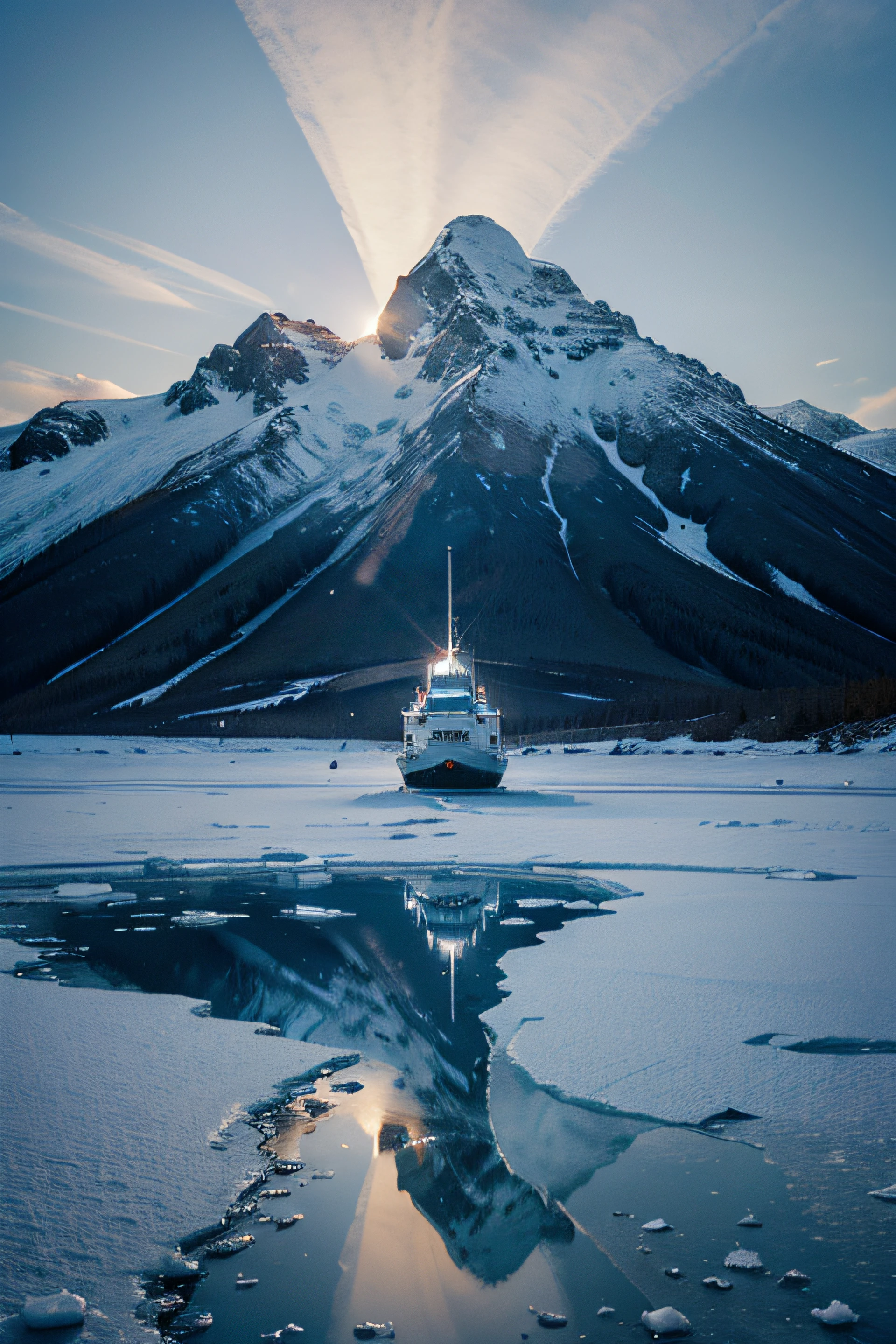 take a photo of an icy mountain with a spaceship trapped in the ice, com homens pesquisando ela