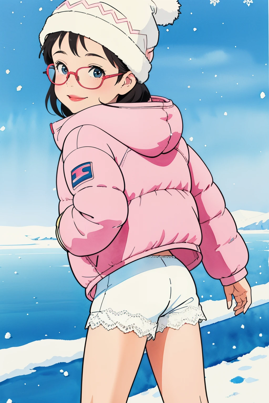 (superflat, flat shading, flat colors),  1girl, 10yo, loli, child, curvy, down jacket, (white lace modesty shorts:1.2), no skirt, bottom, from behind, glasses, winter hat, ice skating, smile, blush, winter, snow, bright, low angle, vibrant colors, watercolor, ghibli style