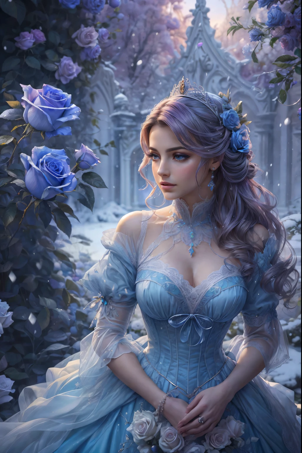 This is realistic (((fantasy))) artwork set in the frozen blue rose garden of an enchanted ice castle in winter and should consist of many shades of cold blue colors. It is snowing heavily. Generate a proud woman with a (((highly detailed face))) dressed in the billowing folds of a stunning French silk ballgown. The woman's elegant face is ((((highly detailed, with realistic features and soft, puffy lips.)))) The ballgown is embellished with ruffles, sashes, and bows and a delicately, but intricately, hand-embroidered bodice. The corset features silk ribbon. She is wearing Victorian royal winter outer clothes. The woman's stunning eyes are beautifully detailed, featuring realistic shading and multiple colors, and in high resolution. The woman is in a garden of eternal roses, each one beautifully formed and highly detailed. These realistic blue roses feature shimmering shades of light blue, dark blue, silver, and glimmering blue-purple. The eternal rose is a deep shade of periwinkle with shimmering iridescent overtones and undertones. Ensure that the woman's face, hair, and eyes are perfect. realism, high fantasy, whimsical fantasy, storybook fantasy, fairytale fantasy, fantasy details, enchanting, bewitching, 8k, hires, CGI, digital painting, unity, unreal engine, (((masterpiece))), intricate, elegant, highly detailed, majestic, digital photography, art by artgerm and ruan jia and Greg Rutkowski, (masterpiece, finely detailed beautiful eyes: 1.2), hdr, realistic skin texture, (((1woman))), (((solo))), Include a highly detailed face, extremely detailed face, and interesting background.