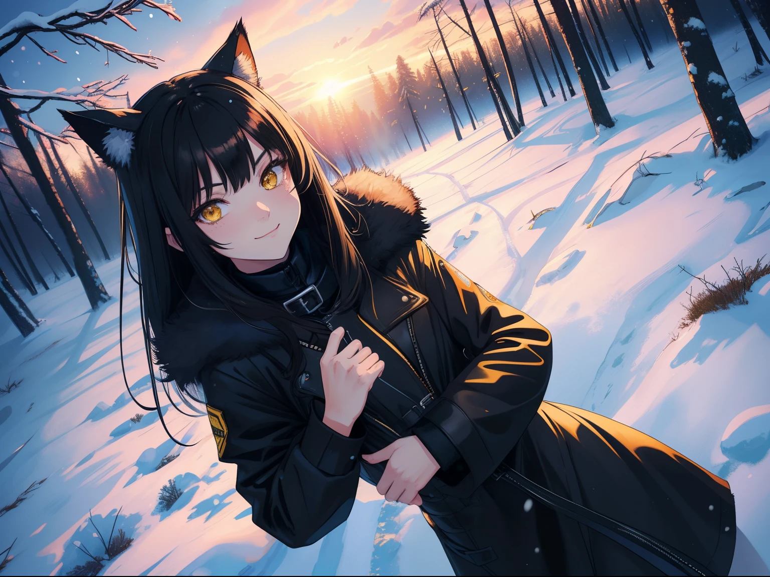 (1 girl, best quality, high-res, ultra-detailed, anime style, pastel), ((catgirl, long black hair, brunette, yellow eyes, looking at viewer, smug eyes, smug smiling)), (collar, full-black leather coat, black clothes, black coat with black fur), winter sunrise, winter forest, winter aesthetic, sexy shot, portrait, closeup, cold breath, snowy forest, nsfw, cold aesthetic, snowfall