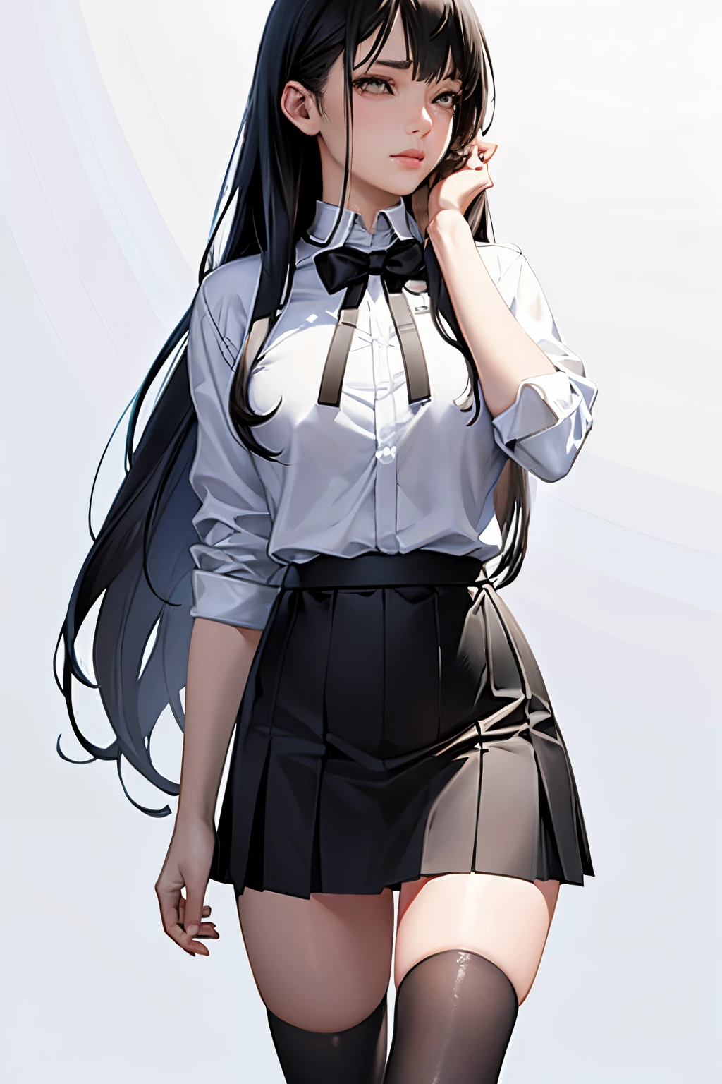 ((masterpiece, best_quality)), 1girl, (photorealistic:1.4),  solo, white_background, black_hair, long_hair,   zettai_ryouiki, skirt, ((full_body)),