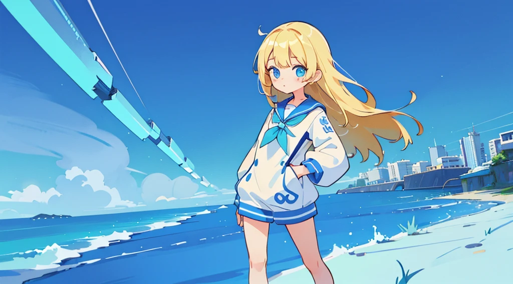 (1girl, blonde hair, long hair, blue eyes, sailor suit, cute, kawaii), (blue cyberpunk landscape, glowing blue color)