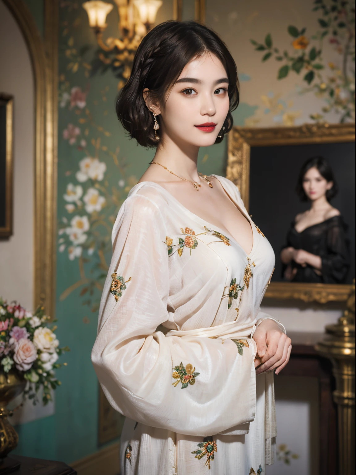 117
(a 20 yo woman,is standing), (A hyper-realistic), (high-level image quality), ((beautiful hairstyle 46)), ((short-hair)), (Gentle smile), (breasted:1.1), (lipsticks), (florals), (Light and Darkness), (rembrandt painting), (Luxurious room)