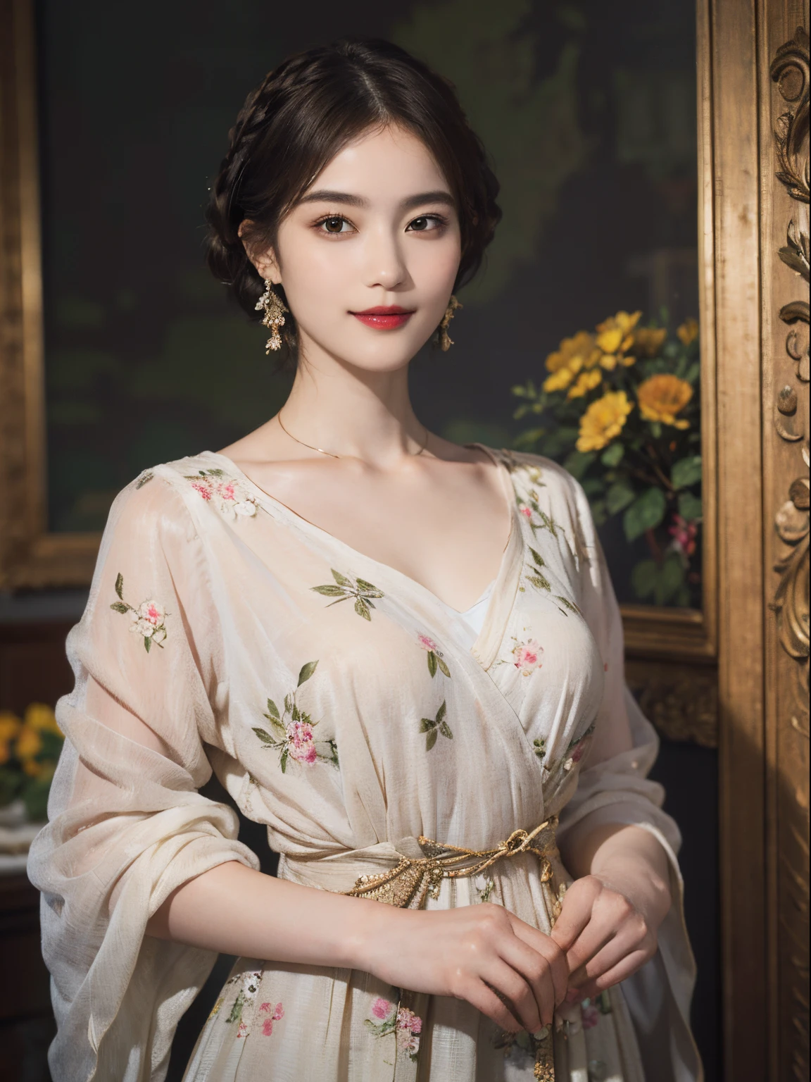 117
(a 20 yo woman,is standing), (A hyper-realistic), (high-level image quality), ((beautiful hairstyle 46)), ((short-hair)), (Gentle smile), (breasted:1.1), (lipsticks), (florals), (Light and Darkness), (rembrandt painting), (Luxurious room)