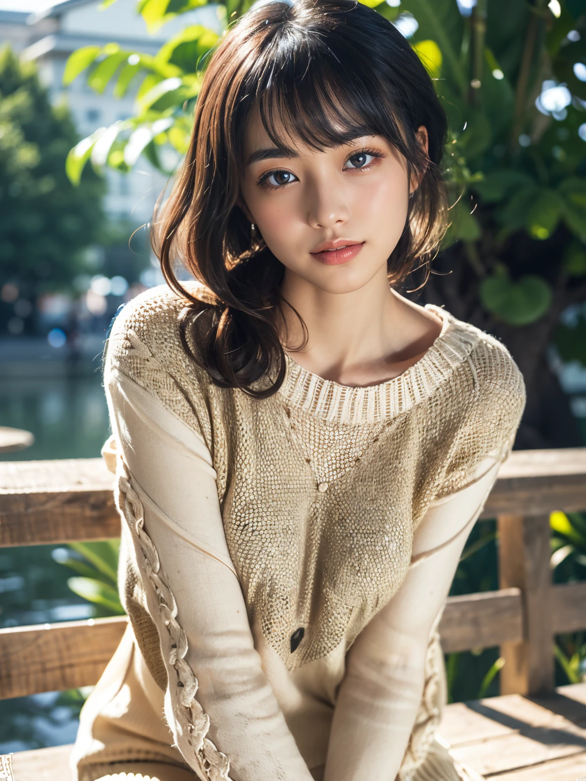 (8K, Raw photo, Best Quality, masutepiece:1.2), (Realistic, Photorealsitic:1.4), (Very detailed 8k wallpaper), Sharp Focus, depth of fields, blur backgroun, Bokeh, Cinematic lighting, Soft light, Upper body, (17 year old attractive Japanese woman:1.3)、Dainty woman、Cute Idol,(delicate nose)、Delicate girl、(realistic textured skin)、(contrasting and balanced eyes)、(Natural color lips)、(delicate bangs)、Beautiful hairstyle、(tthin eyebrows)、thin arm、Smile softly