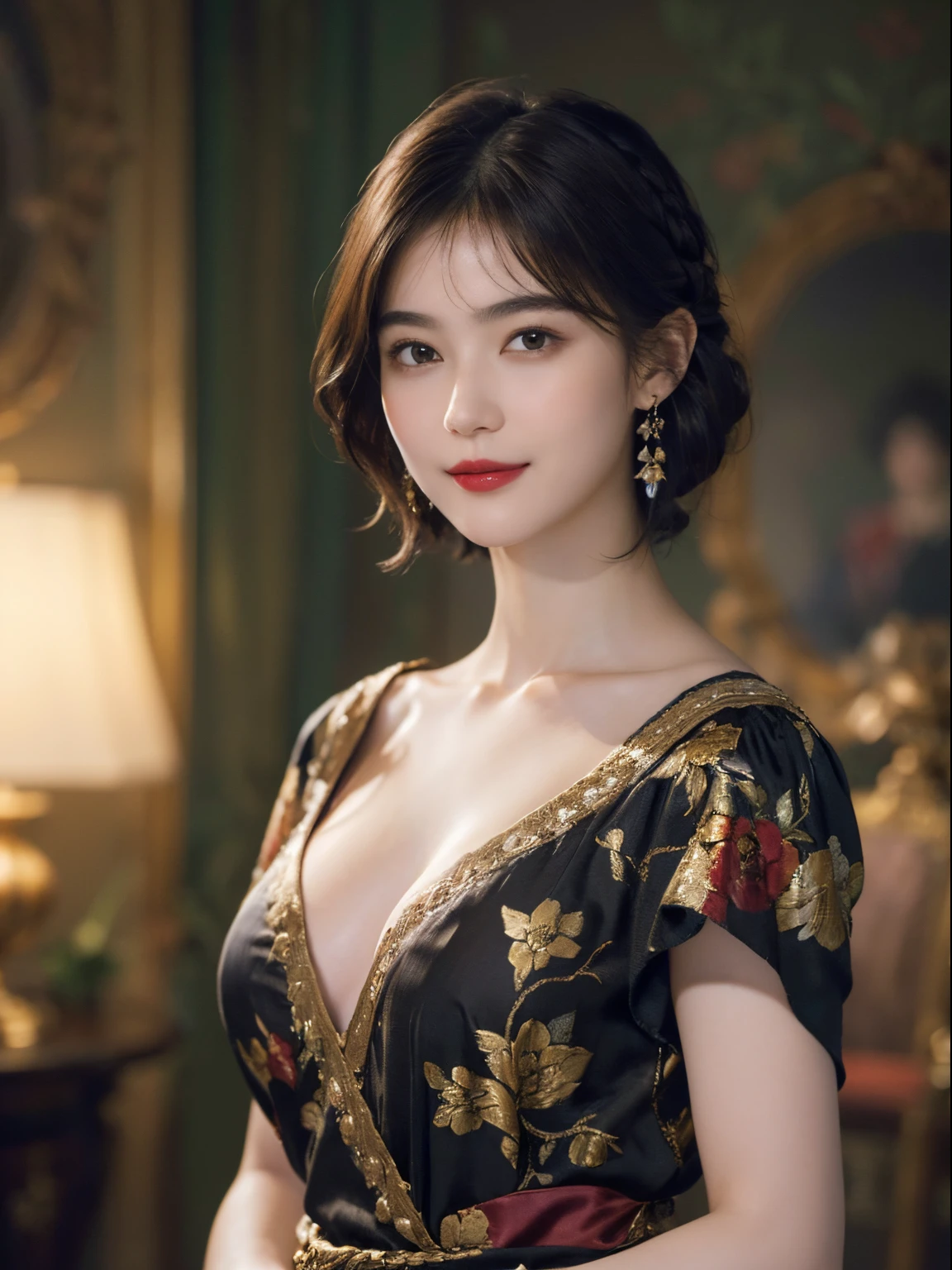 117
(a 20 yo woman,is standing), (A hyper-realistic), (high-level image quality), ((beautiful hairstyle 46)), ((short-hair)), (Gentle smile), (breasted:1.1), (lipsticks), (florals), (Light and Darkness), (rembrandt painting), (Luxurious room)