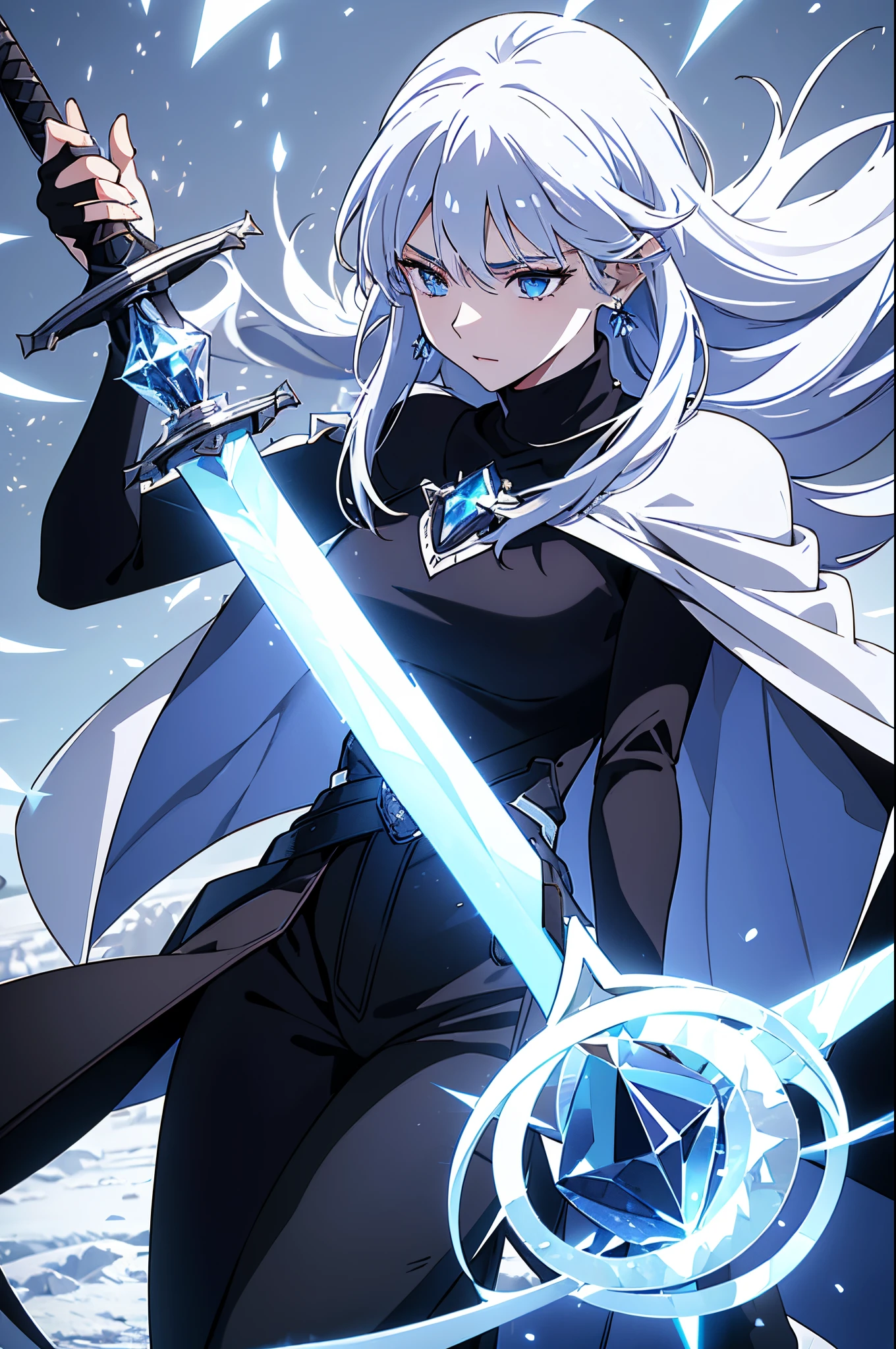 (best quality, high resolution), ultra-detailed, a woman, young, 19 years old, swordsman, long white hair, skin as white as snow, cold eyes, crystal blue eyes, black sweater, black pants, black cape, shining sword crystal, earring, crystal bottom.