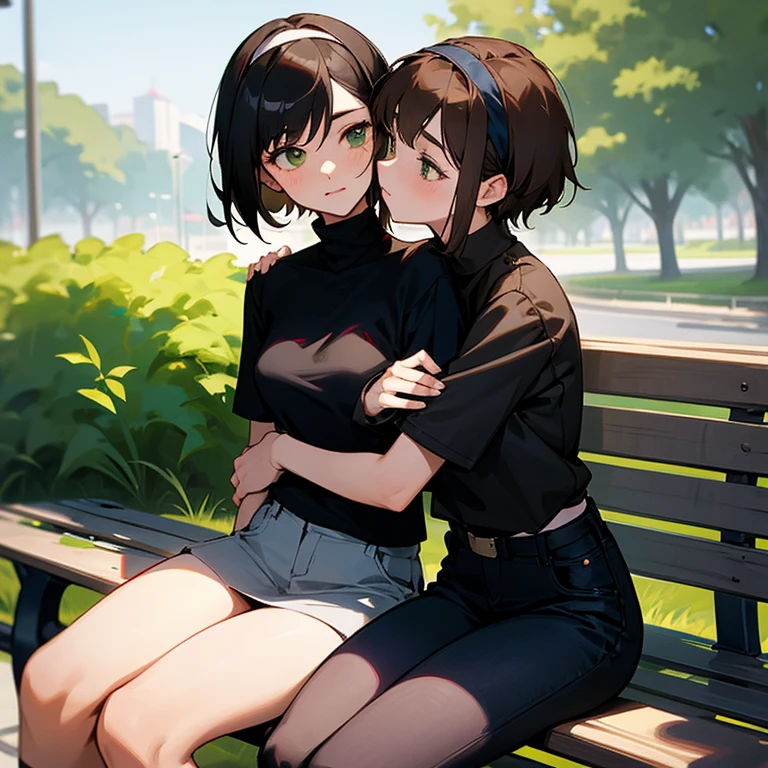 A lesbian young woman, 18 years old, green eyes, short brown hair, wearing a short-sleeved black tight turtleneck, a gray mini-skirt, and a bandana in her hair, with an another lesbian woman, 18 years old, with short black hair, wearing a white turtleneck with a black blazer, and a black jeans, and a hairband, hugging and kissing on a bench in a park