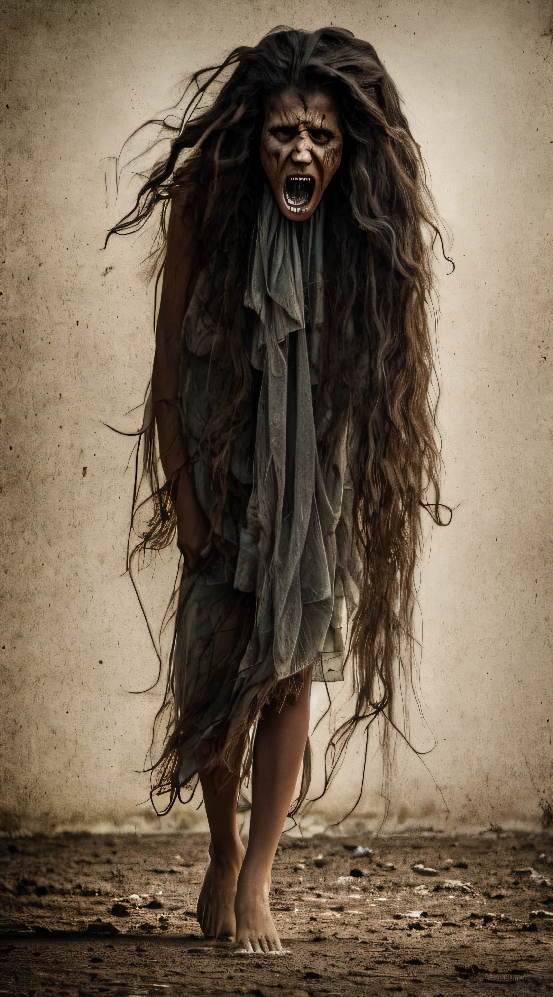 A brown naked woman with very long hair in the Third World war