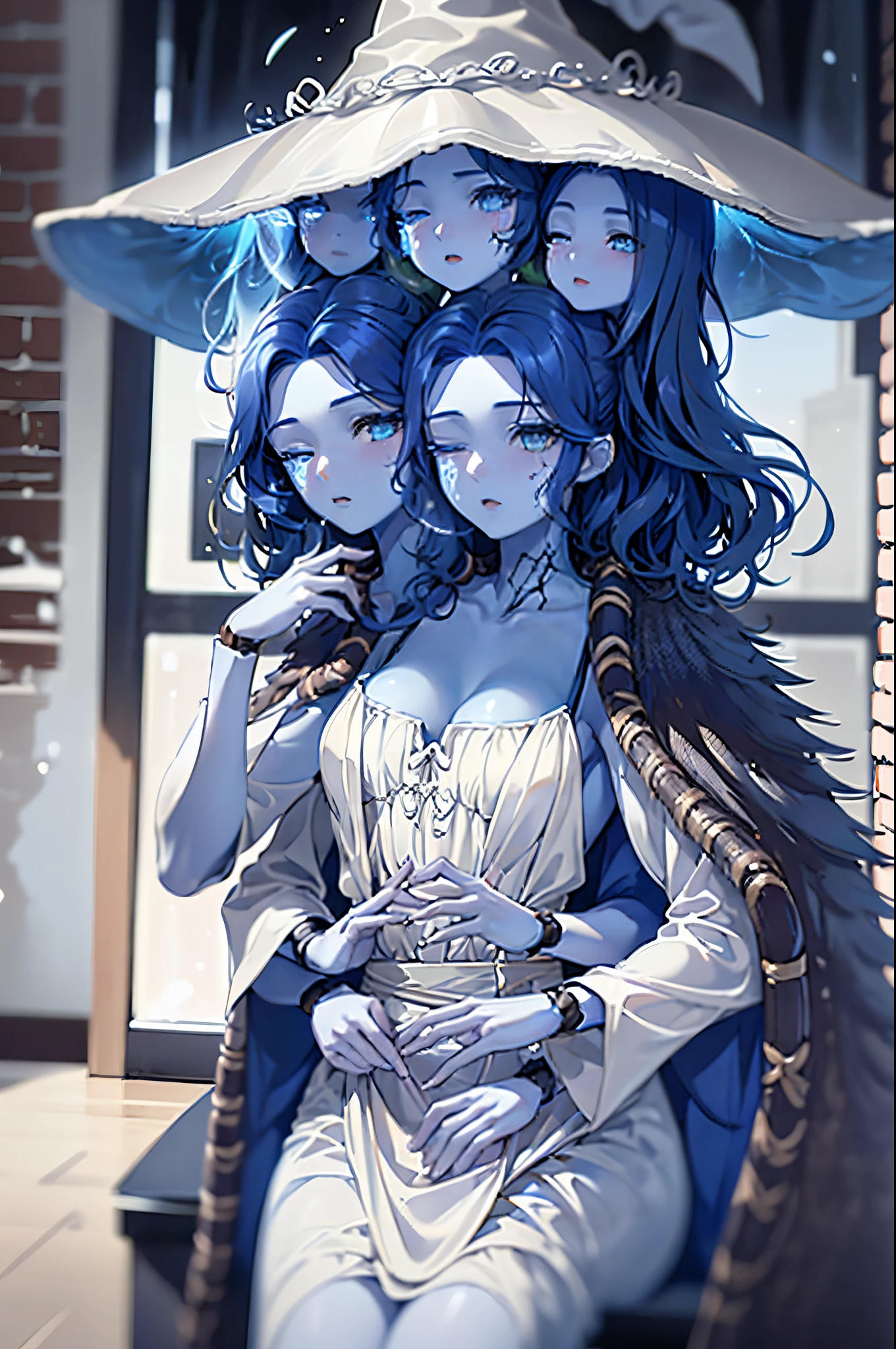 (3heads:1.5), 1girl, masterpiece, best quality, IncrsRanni, wavy hair, cracked skin, colored skin, blue skin, extra faces, extra arms, doll, joints, doll joints, white dress, hat, cloak