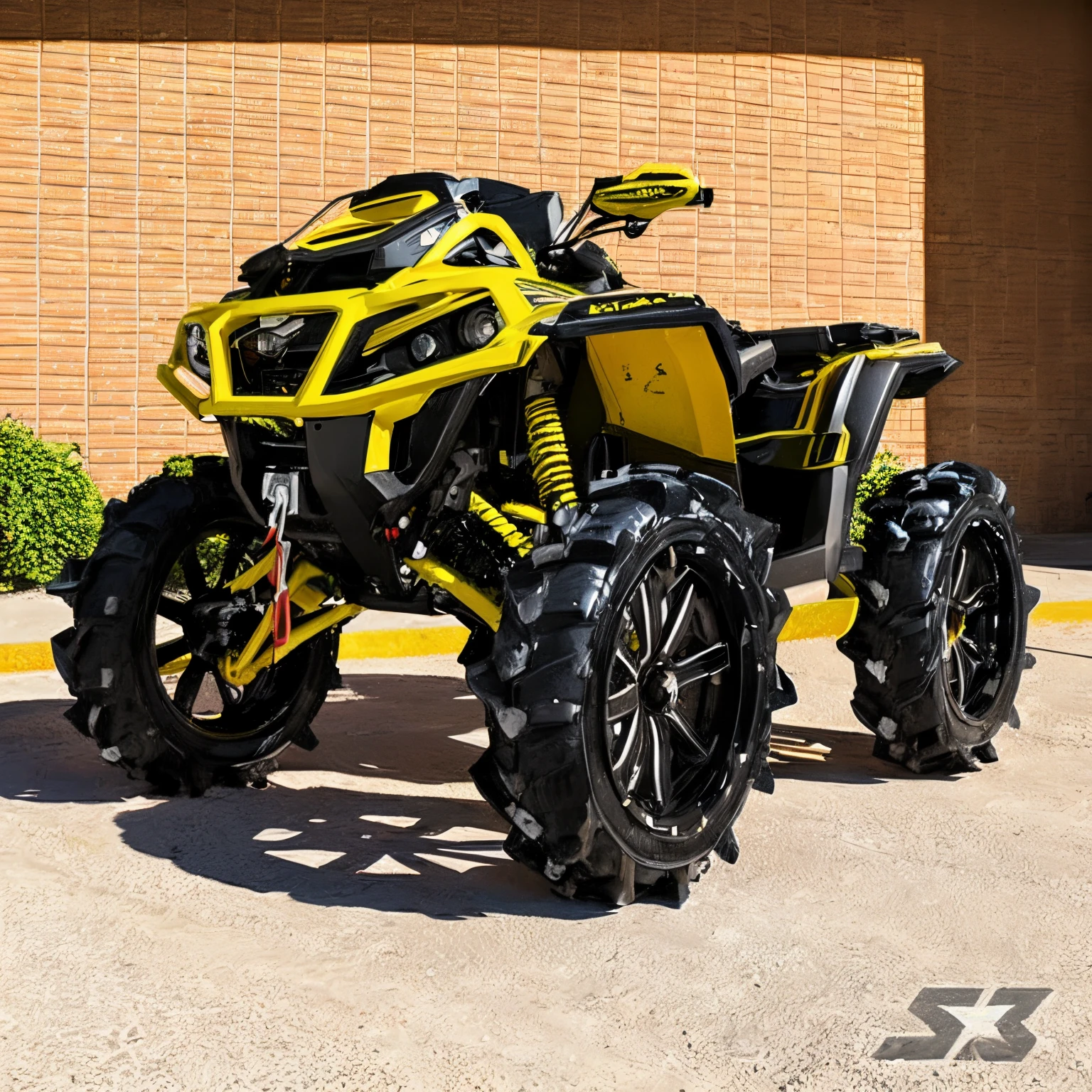 a close up of a yellow and black atv parked in front of a building, apex, 1 6 x 1 6, black armor with yellow accents, rtx on, mod, octane 1 2 8 k, full face view, '20, ultra realistic ”, ultra realistic”, octane rander, apex predator, high detail”, versatile, ox, sk, shock