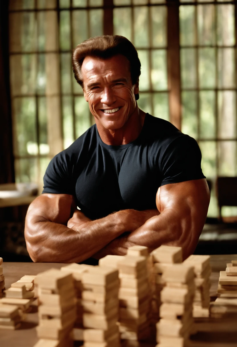 A photo of Arnold Schwarzenegger engaging in a strategic game of Jenga,original,In the documentary “Pumping Iron,” Arnold Schwarzenegger exudes a towering and muscular physique, his body a sculpted testament to his dedication to bodybuilding. His appearance is marked by his signature confident swagger, a charming smile, and an almost palpable aura of self-assuredness., male
