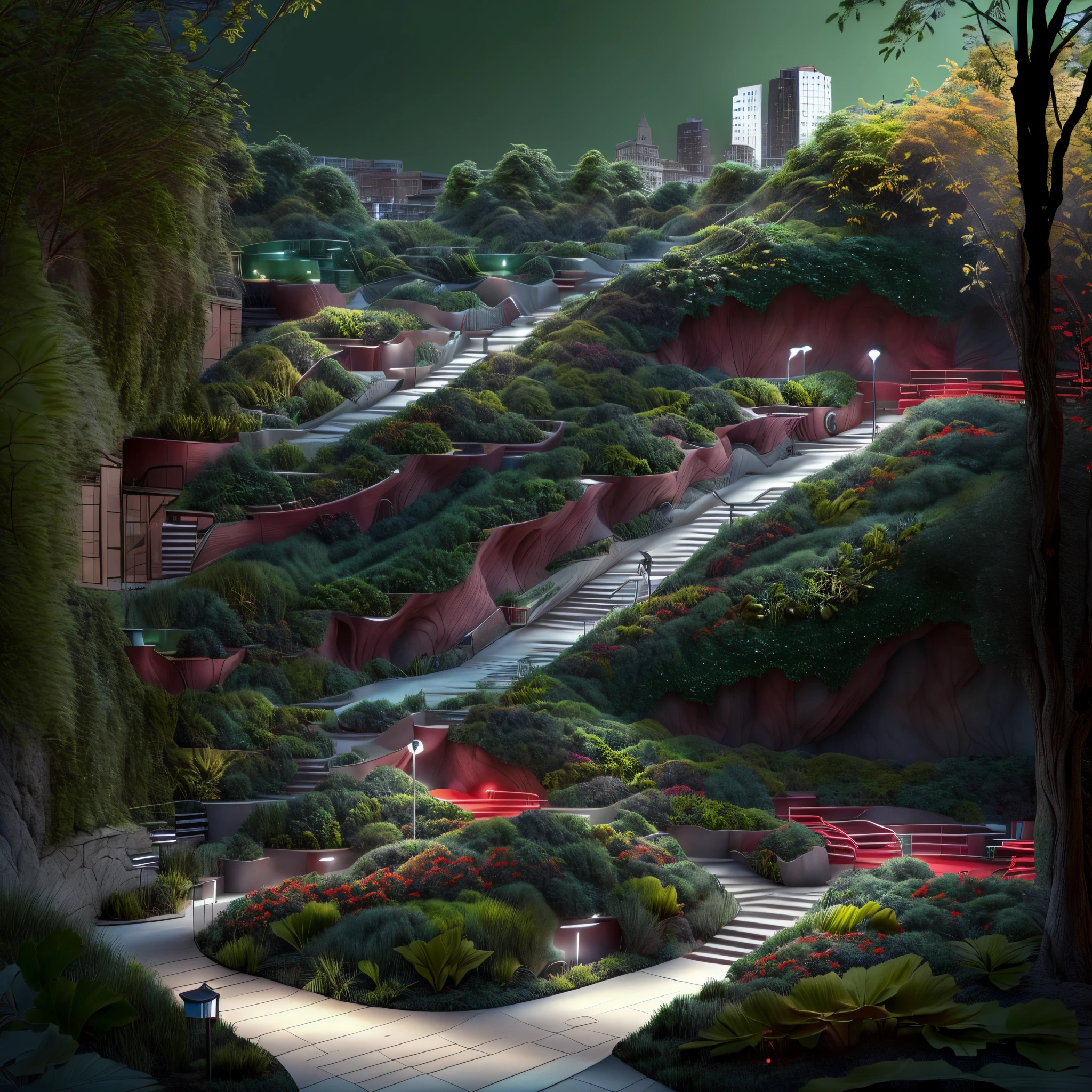 Landscape design of a smart park with automatic lighting heated benches and green walls for air purification